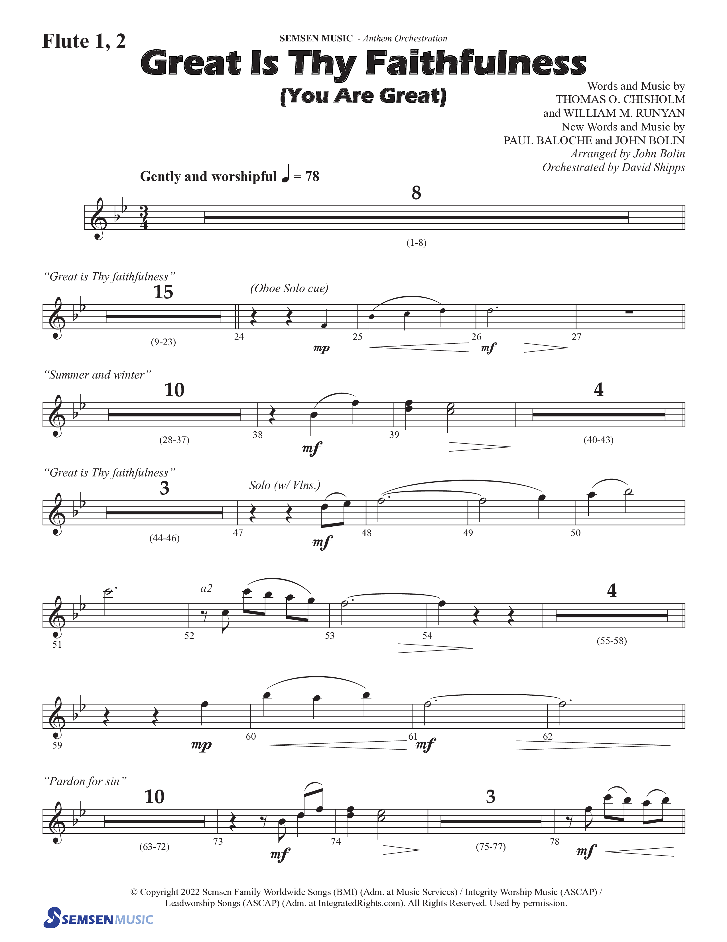 Great Is Thy Faithfulness (You Are Great) (Choral Anthem SATB) Flute 1/2 (Semsen Music / Arr. John Bolin / Orch. David Shipps)