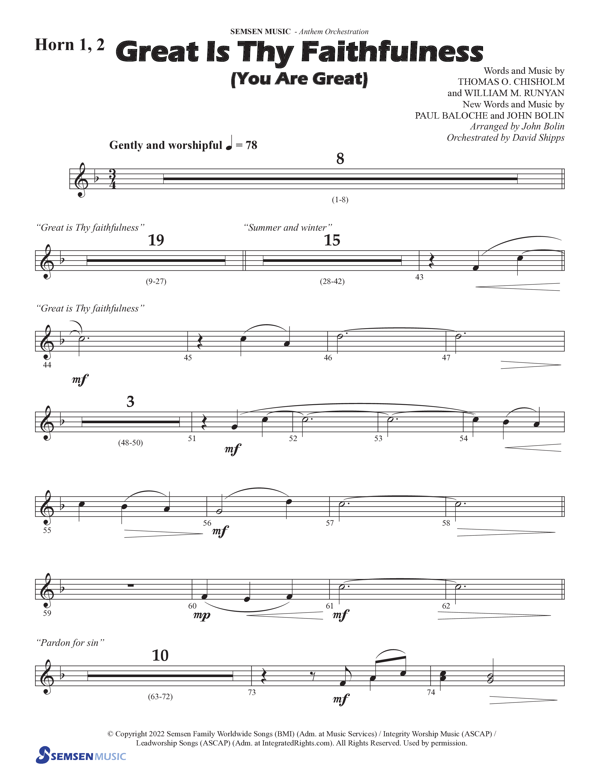 Great Is Thy Faithfulness (You Are Great) (Choral Anthem SATB) French Horn 1/2 (Semsen Music / Arr. John Bolin / Orch. David Shipps)