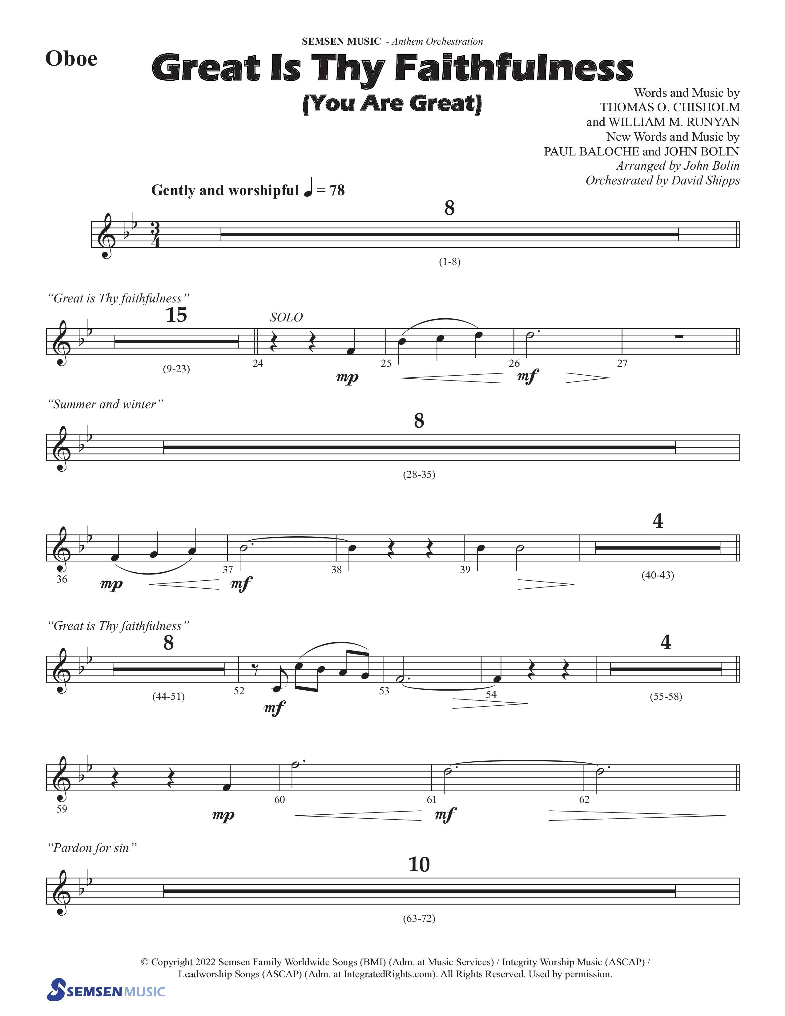 Great Is Thy Faithfulness (You Are Great) (Choral Anthem SATB) Oboe (Semsen Music / Arr. John Bolin / Orch. David Shipps)