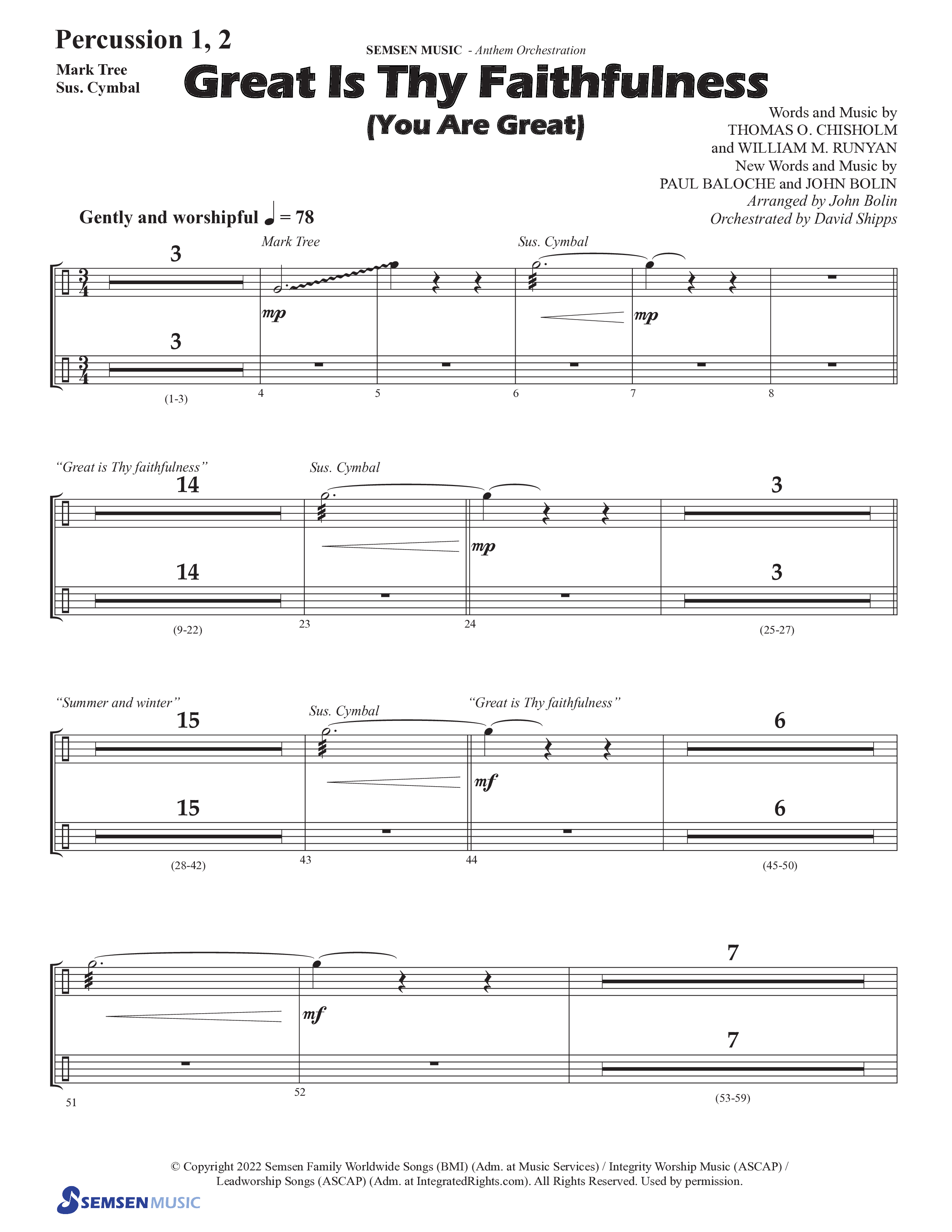 Great Is Thy Faithfulness (You Are Great) (Choral Anthem SATB) Percussion 1/2 (Semsen Music / Arr. John Bolin / Orch. David Shipps)