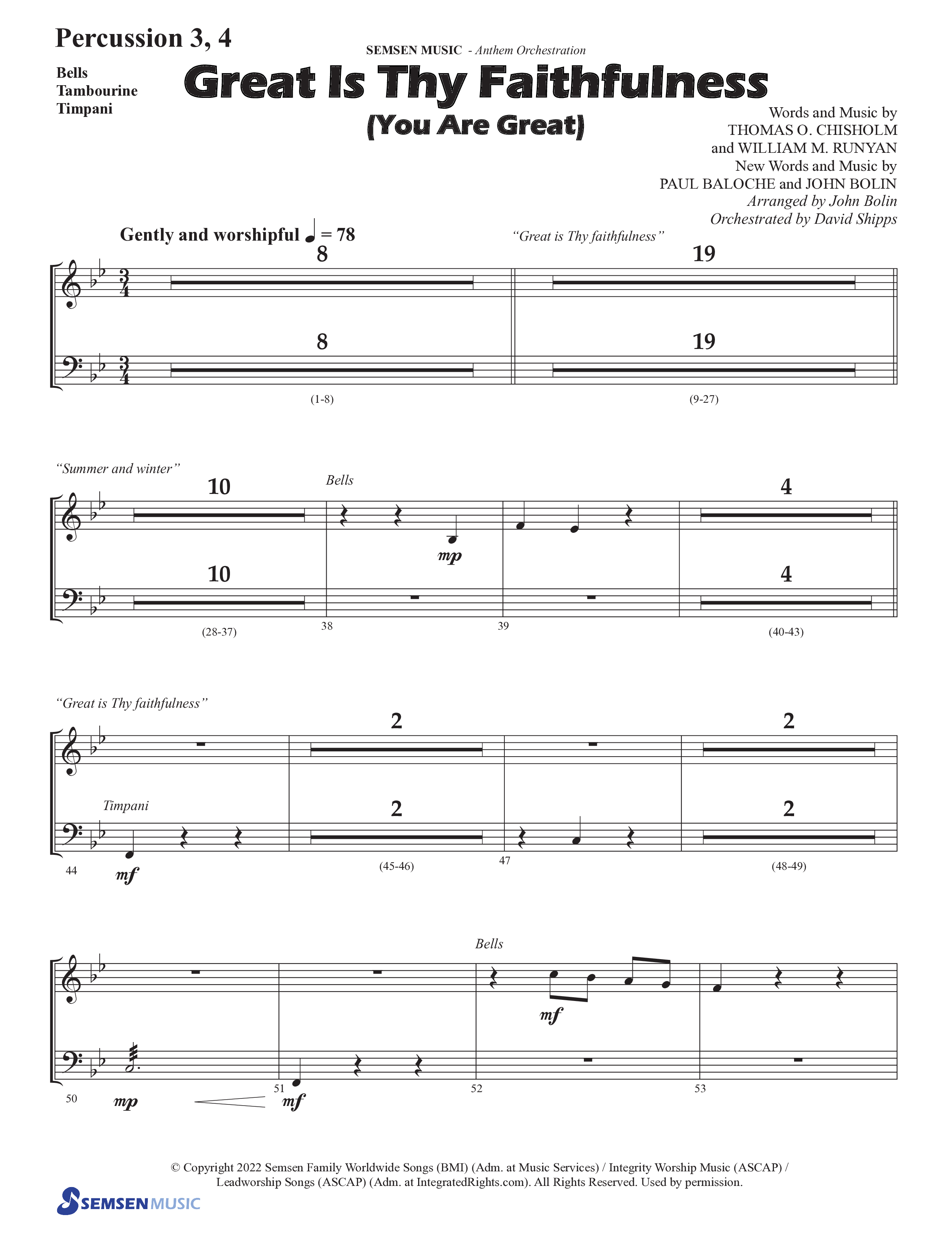 Great Is Thy Faithfulness (You Are Great) (Choral Anthem SATB) Percussion (Semsen Music / Arr. John Bolin / Orch. David Shipps)