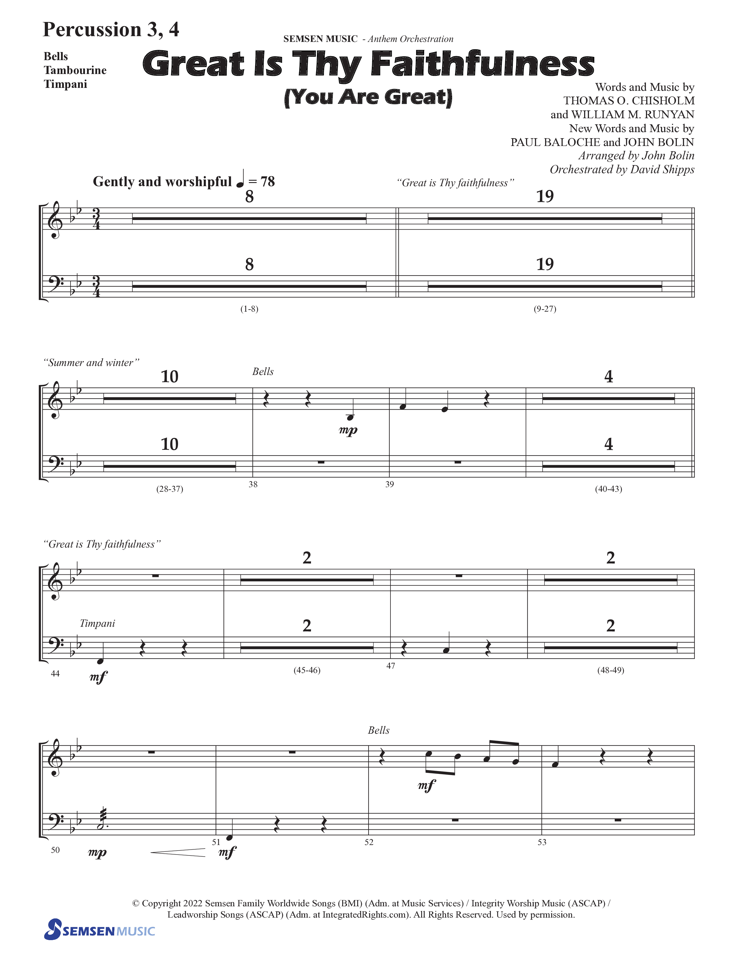 Great Is Thy Faithfulness (You Are Great) (Choral Anthem SATB) Percussion (Semsen Music / Arr. John Bolin / Orch. David Shipps)