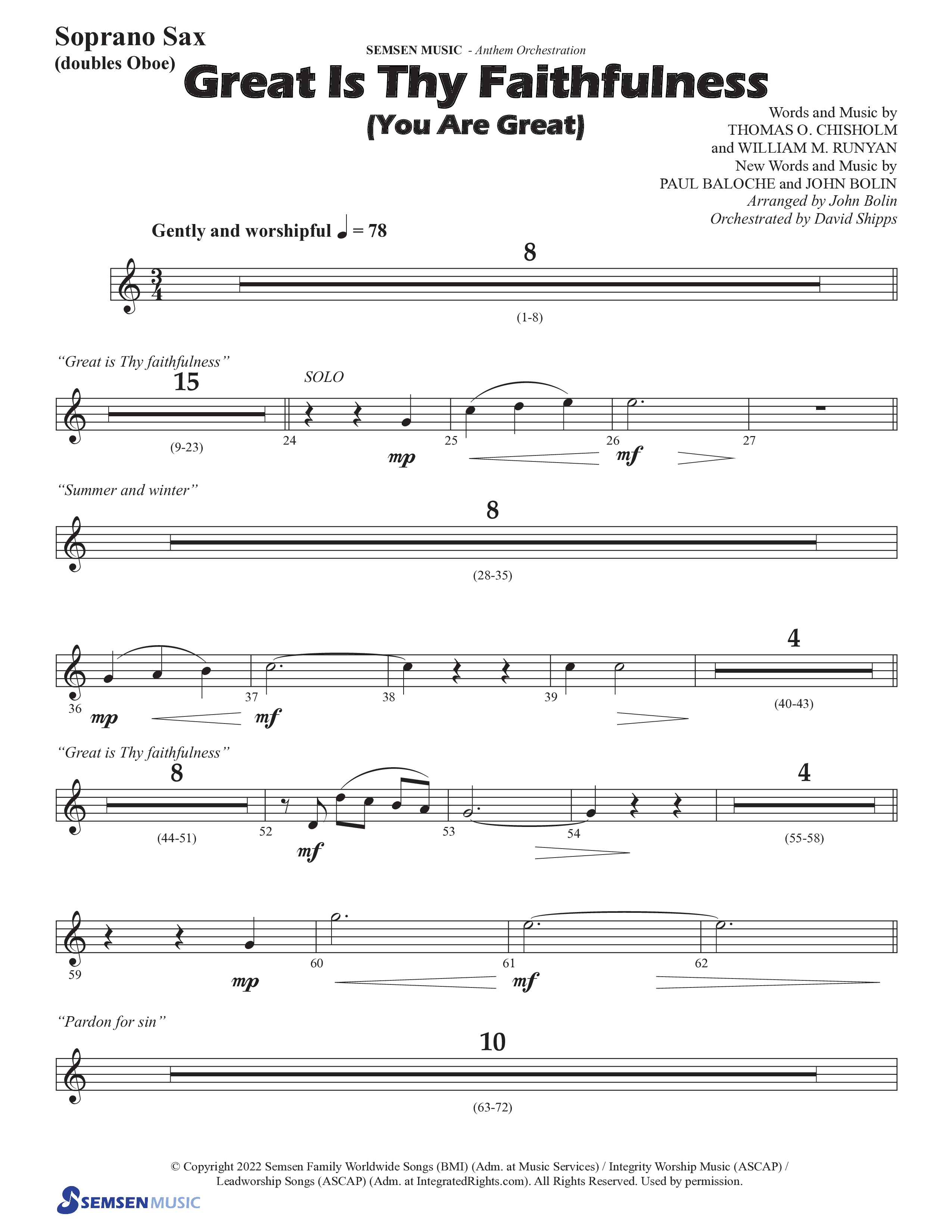 Great Is Thy Faithfulness (You Are Great) (Choral Anthem SATB) Soprano Sax (Semsen Music / Arr. John Bolin / Orch. David Shipps)