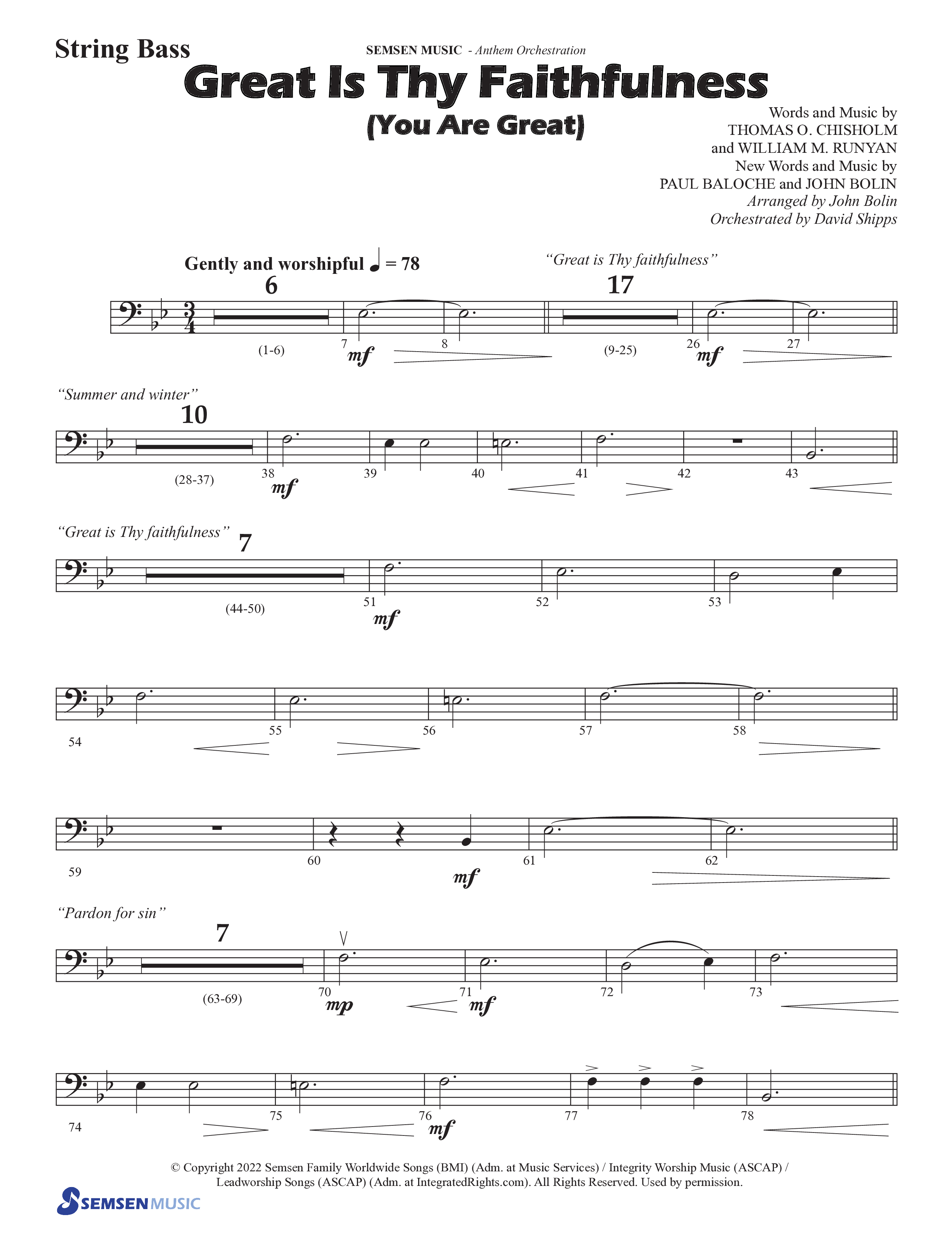 Great Is Thy Faithfulness (You Are Great) (Choral Anthem SATB) String Bass (Semsen Music / Arr. John Bolin / Orch. David Shipps)