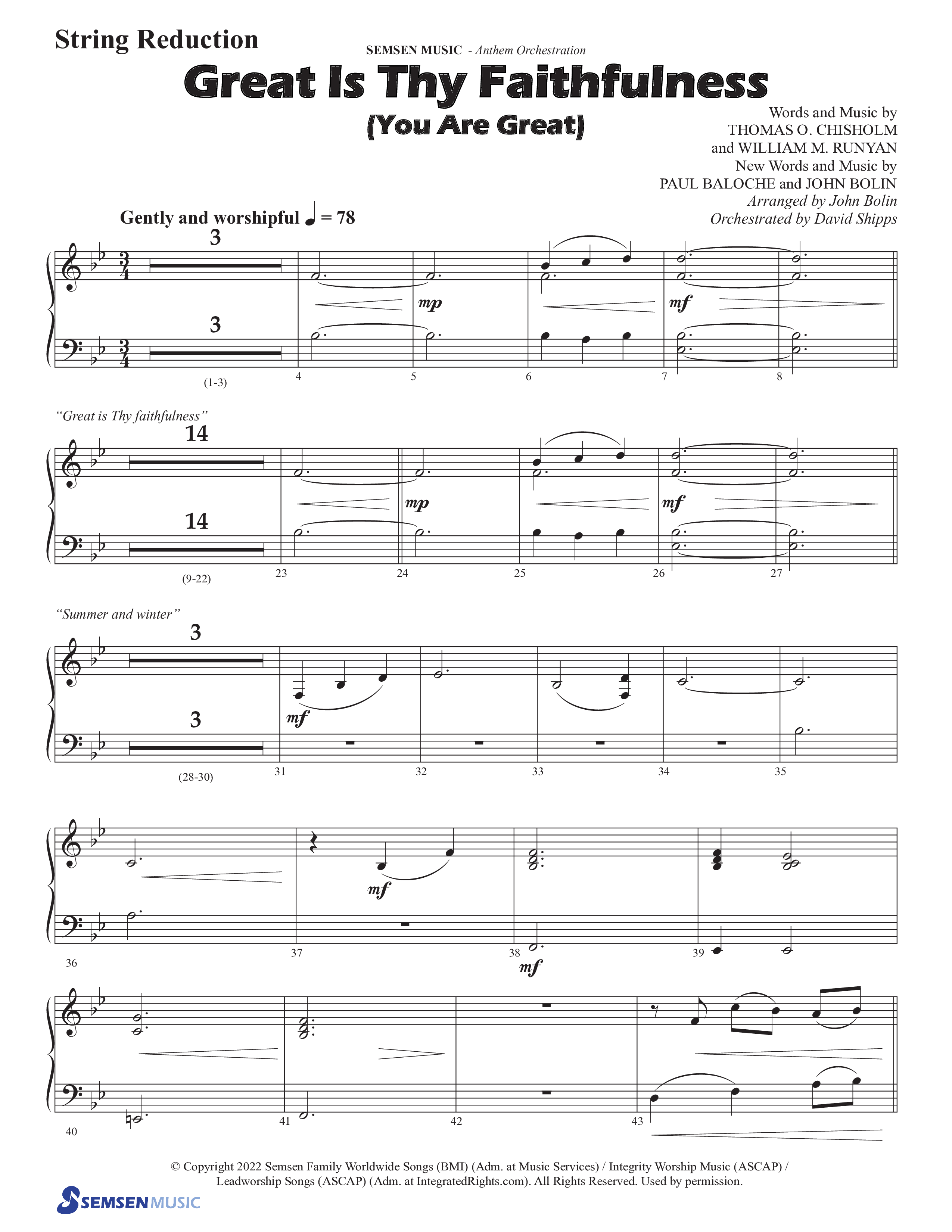 Great Is Thy Faithfulness (You Are Great) (Choral Anthem SATB) String Reduction (Semsen Music / Arr. John Bolin / Orch. David Shipps)