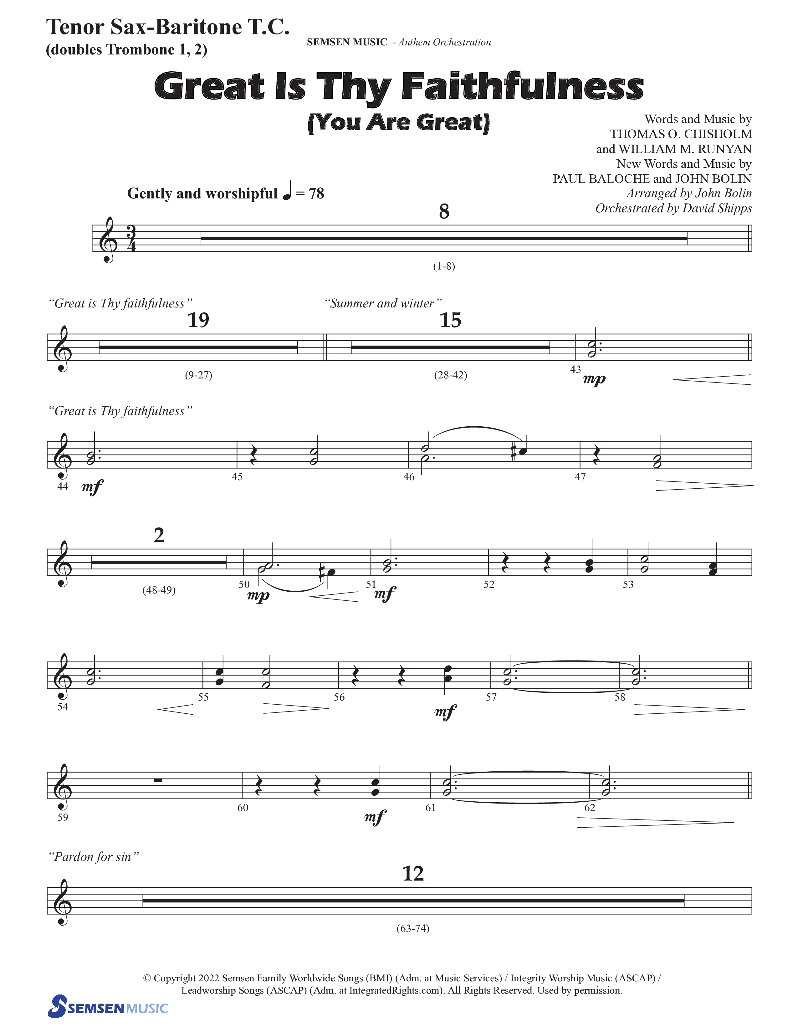 Great Is Thy Faithfulness (You Are Great) (Choral Anthem SATB) Tenor Sax/Baritone T.C. (Semsen Music / Arr. John Bolin / Orch. David Shipps)
