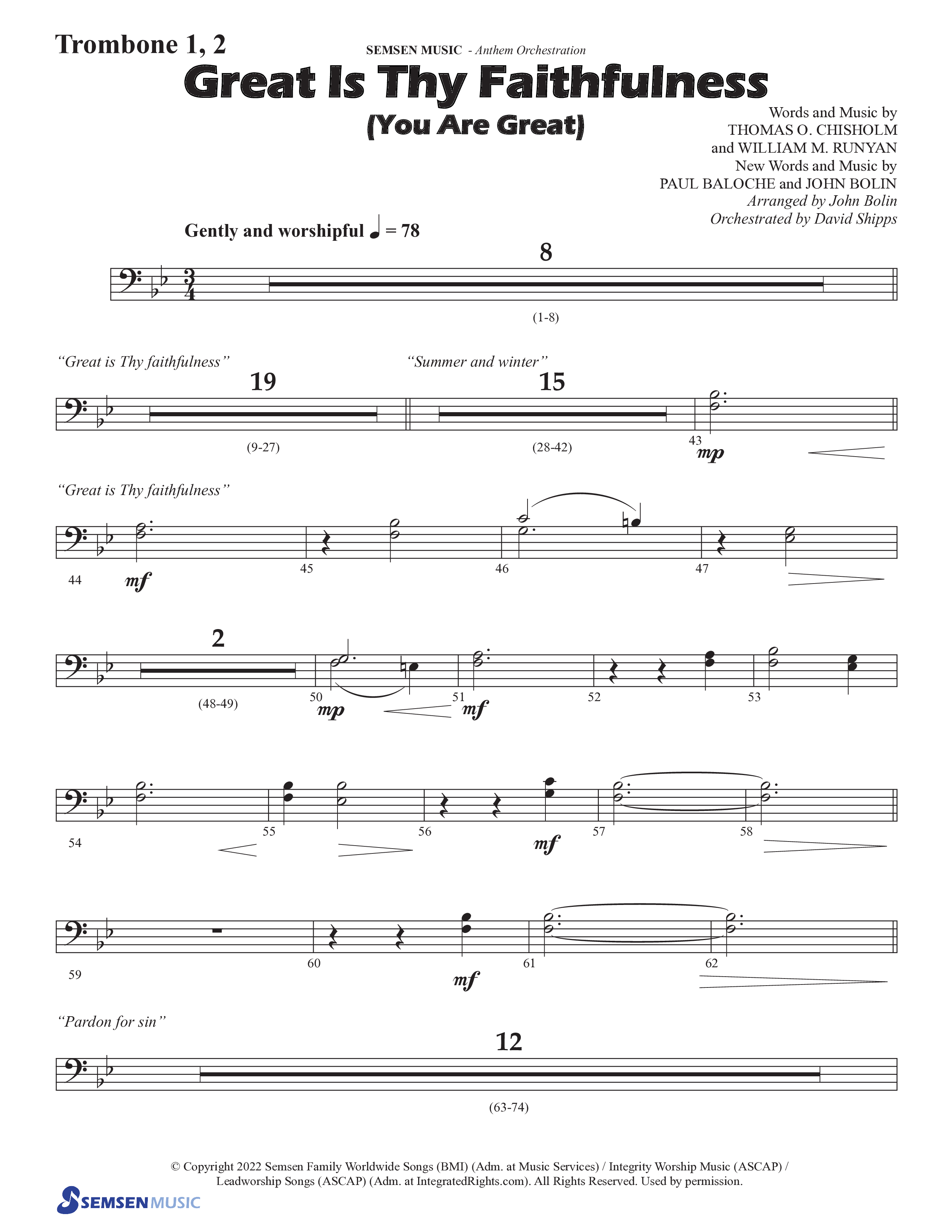 Great Is Thy Faithfulness (You Are Great) (Choral Anthem SATB) Trombone 1/2 (Semsen Music / Arr. John Bolin / Orch. David Shipps)