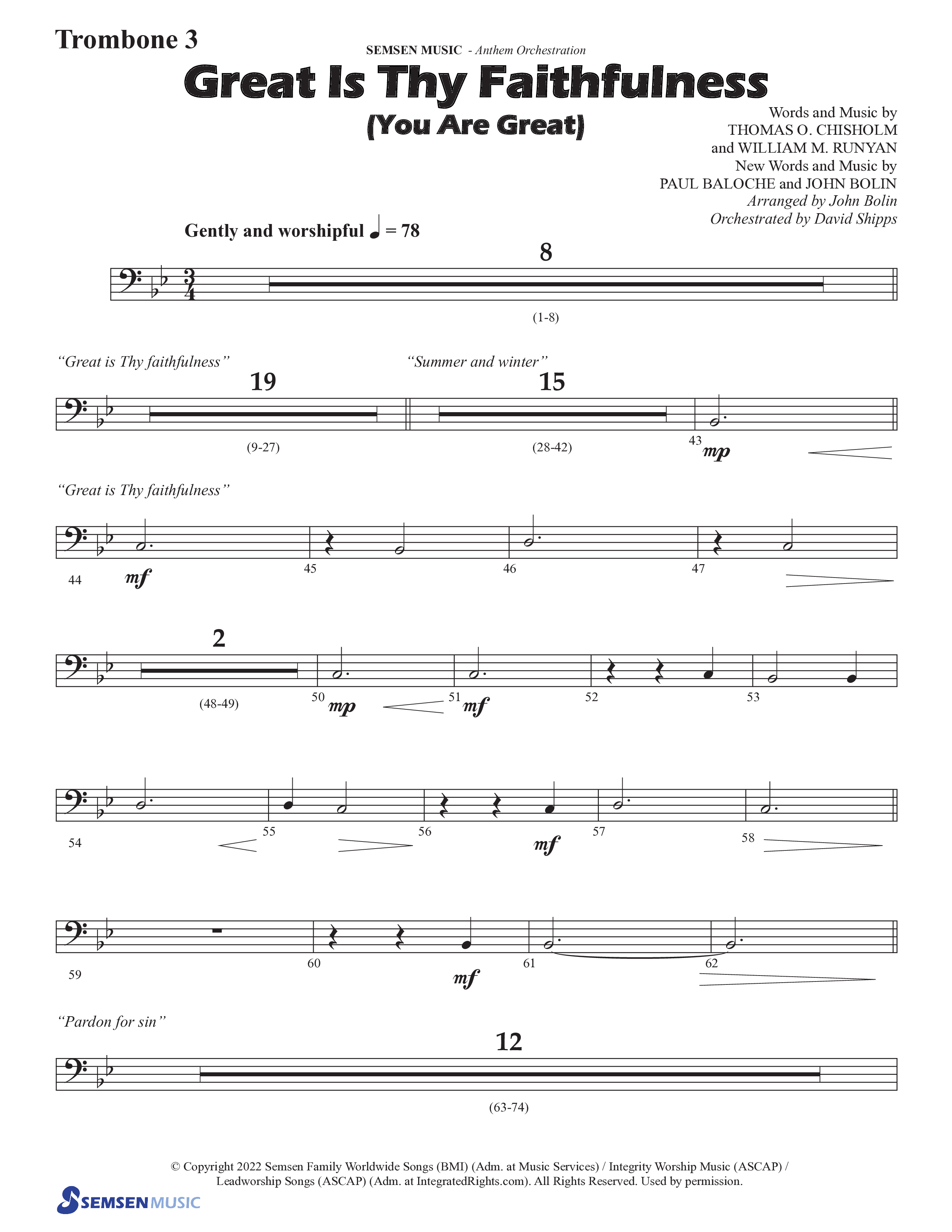 Great Is Thy Faithfulness (You Are Great) (Choral Anthem SATB) Trombone 3 (Semsen Music / Arr. John Bolin / Orch. David Shipps)