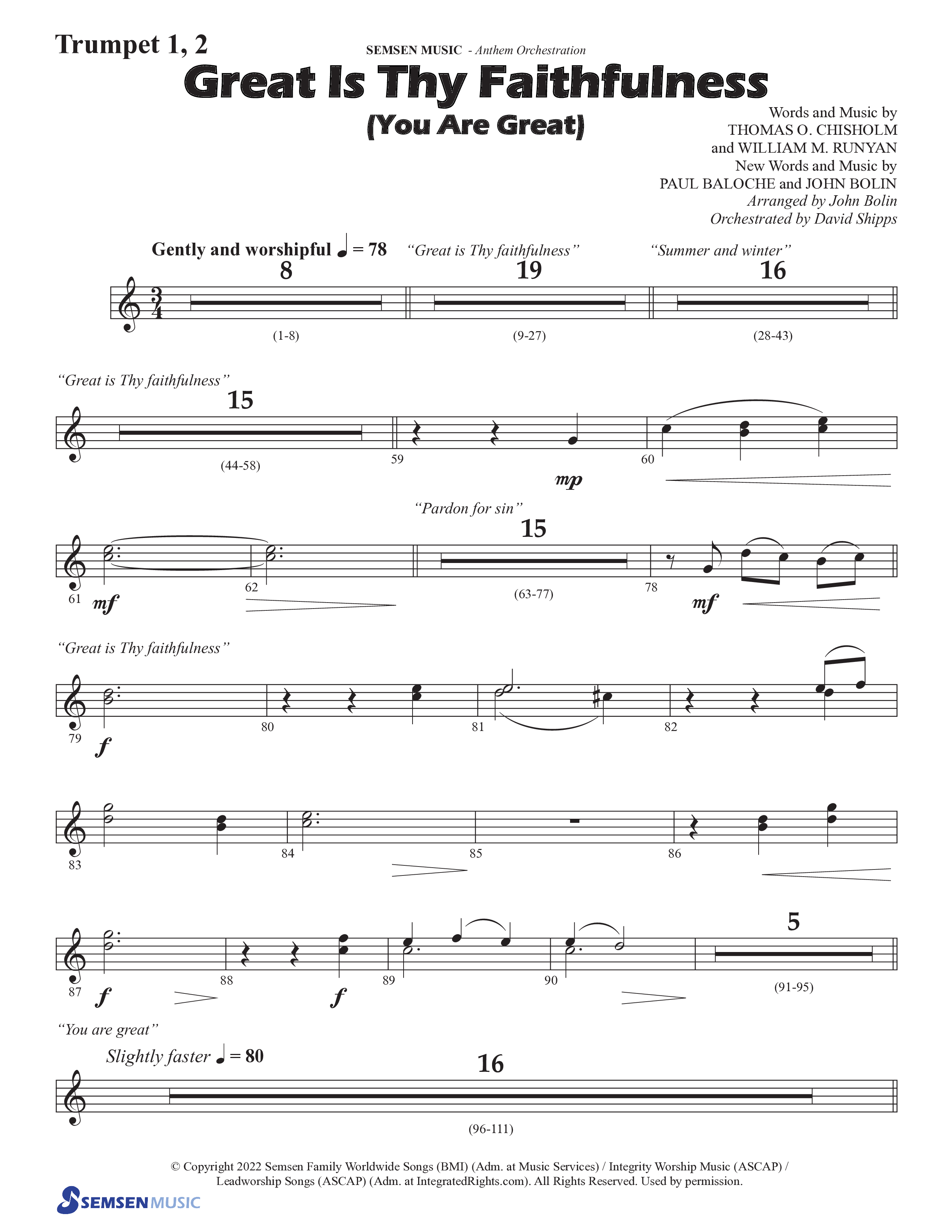 Great Is Thy Faithfulness (You Are Great) (Choral Anthem SATB) Trumpet 1,2 (Semsen Music / Arr. John Bolin / Orch. David Shipps)