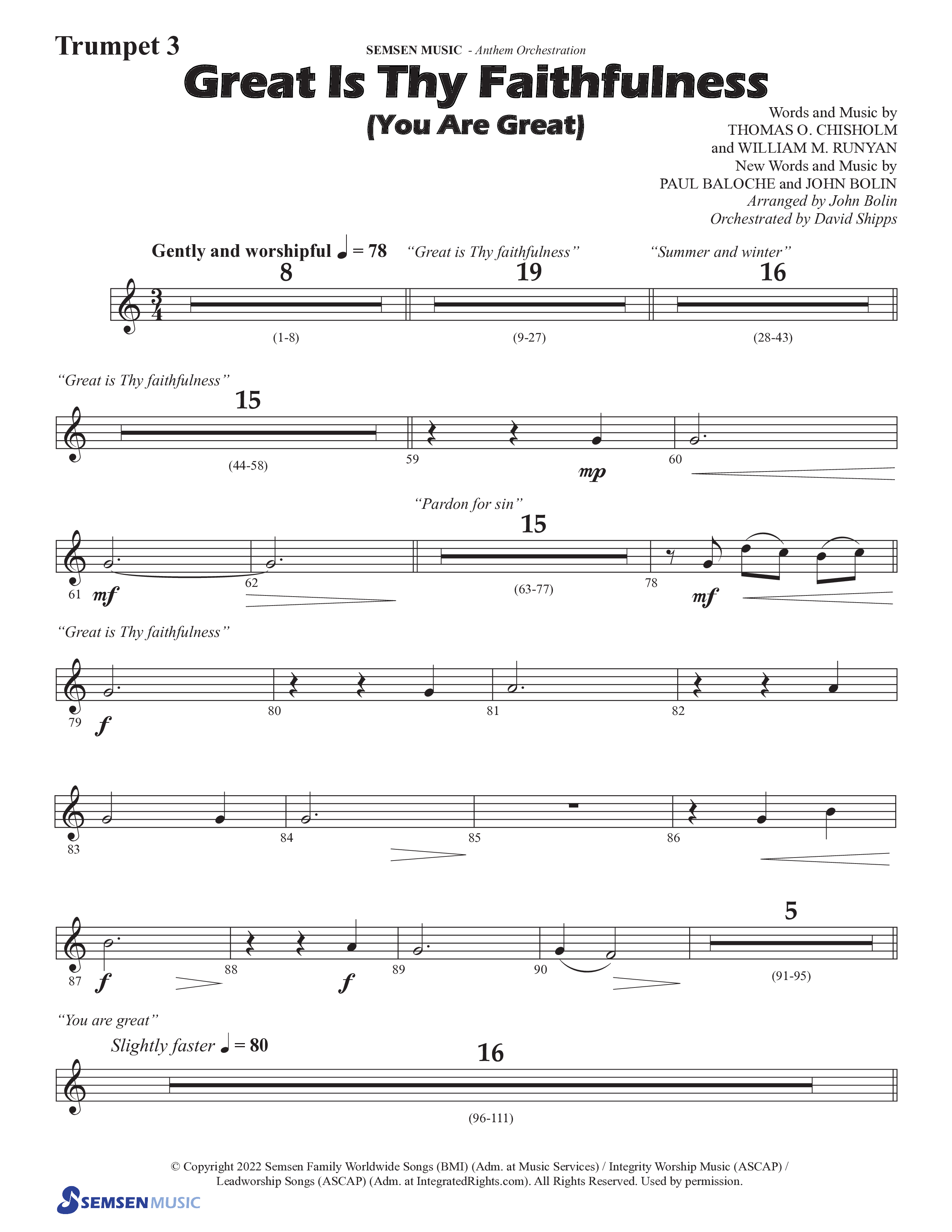 Great Is Thy Faithfulness (You Are Great) (Choral Anthem SATB) Trumpet 3 (Semsen Music / Arr. John Bolin / Orch. David Shipps)