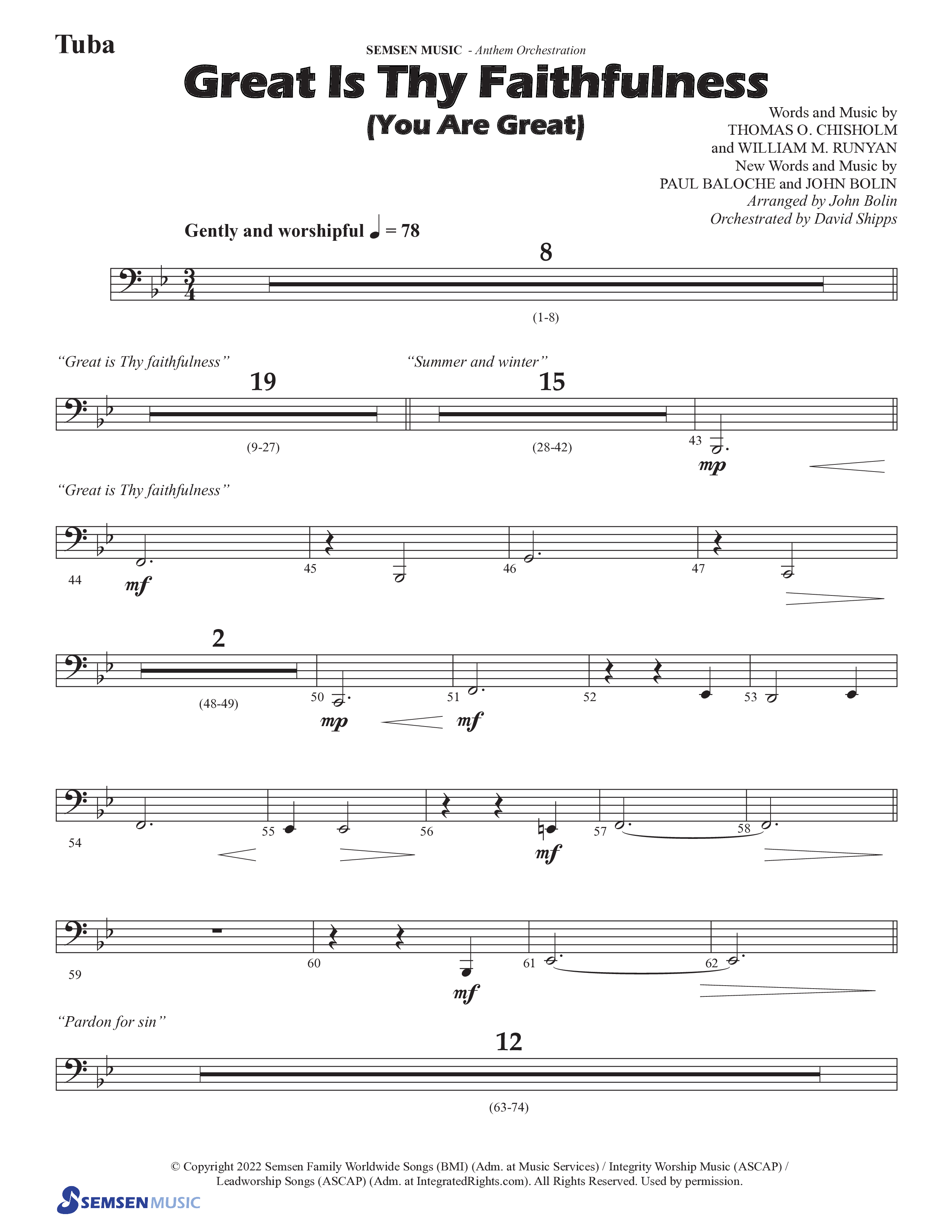 Great Is Thy Faithfulness (You Are Great) (Choral Anthem SATB) Tuba (Semsen Music / Arr. John Bolin / Orch. David Shipps)