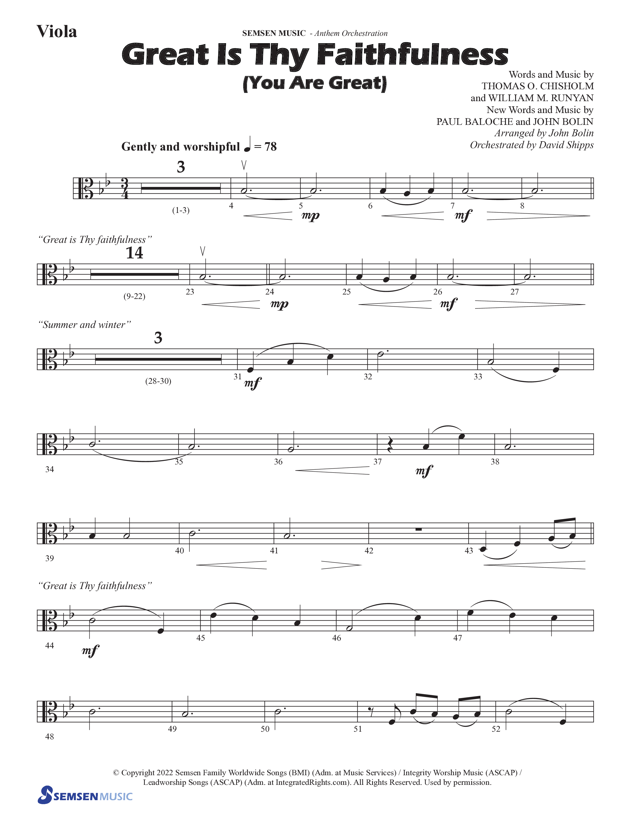 Great Is Thy Faithfulness (You Are Great) (Choral Anthem SATB) Viola (Semsen Music / Arr. John Bolin / Orch. David Shipps)