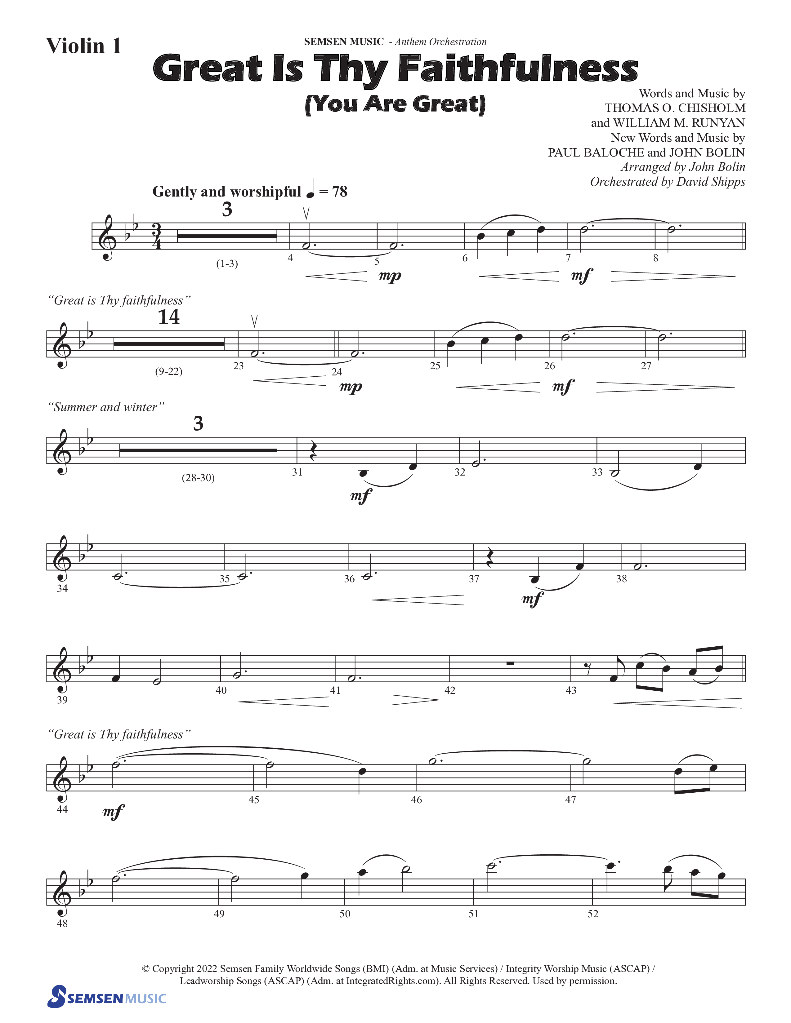 Great Is Thy Faithfulness (You Are Great) (Choral Anthem SATB) Violin 1 (Semsen Music / Arr. John Bolin / Orch. David Shipps)
