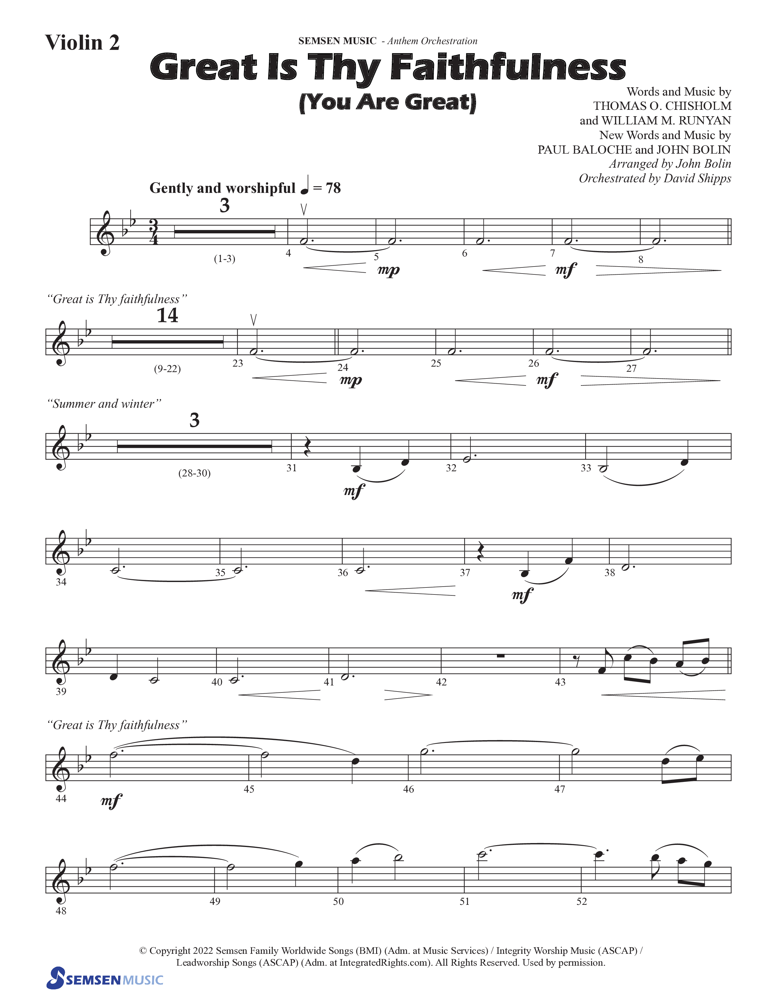 Great Is Thy Faithfulness (You Are Great) (Choral Anthem SATB) Violin 2 (Semsen Music / Arr. John Bolin / Orch. David Shipps)