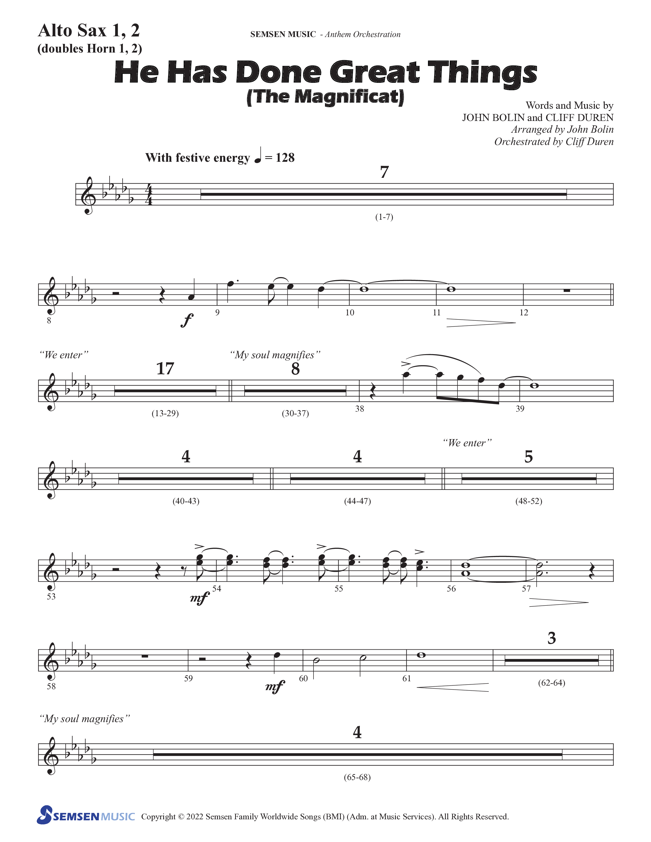 He Has Done Great Things (The Magnificat) (Choral Anthem SATB) Alto Sax 1/2 (Semsen Music / Arr. John Bolin / Orch. Cliff Duren)