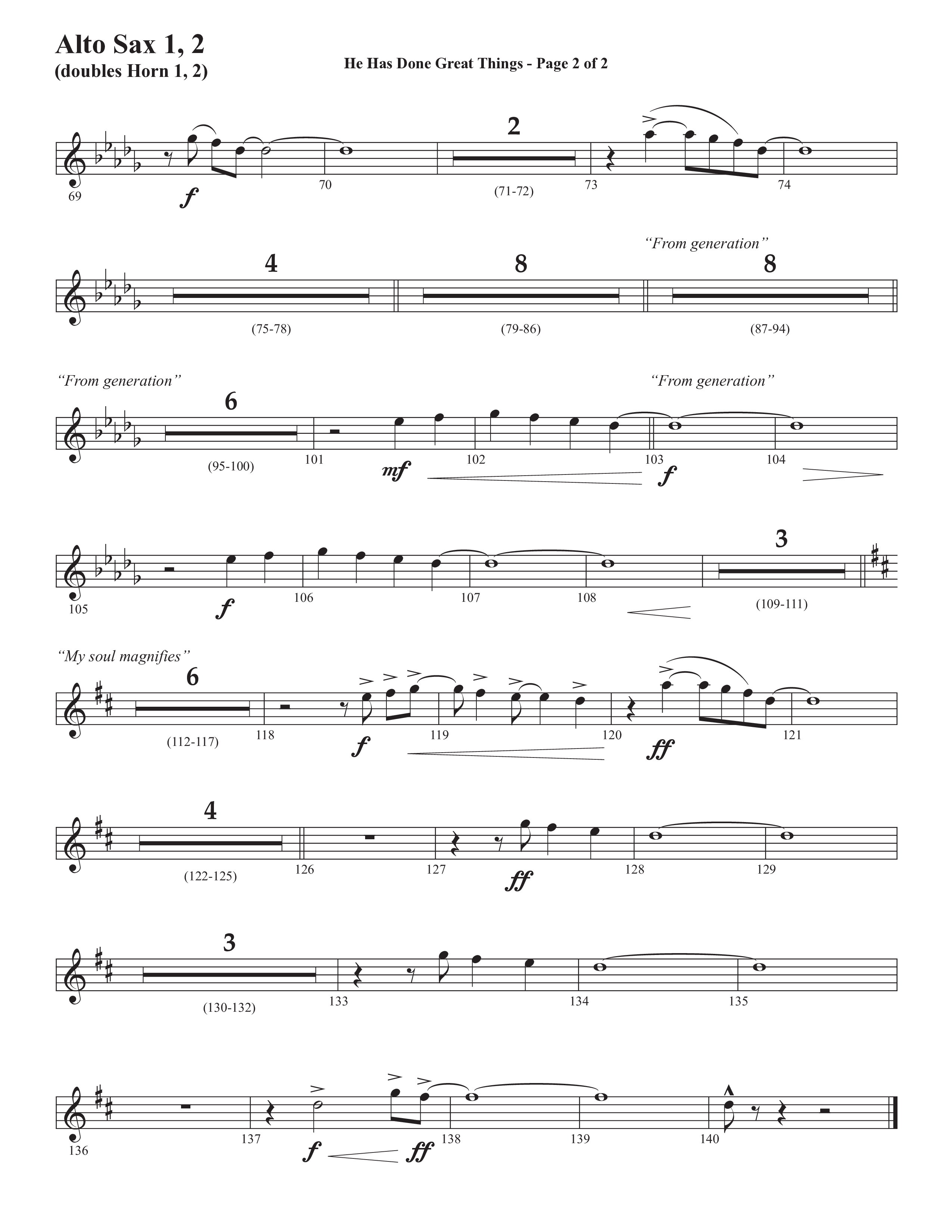 He Has Done Great Things (The Magnificat) (Choral Anthem SATB) Alto Sax 1/2 (Semsen Music / Arr. John Bolin / Orch. Cliff Duren)