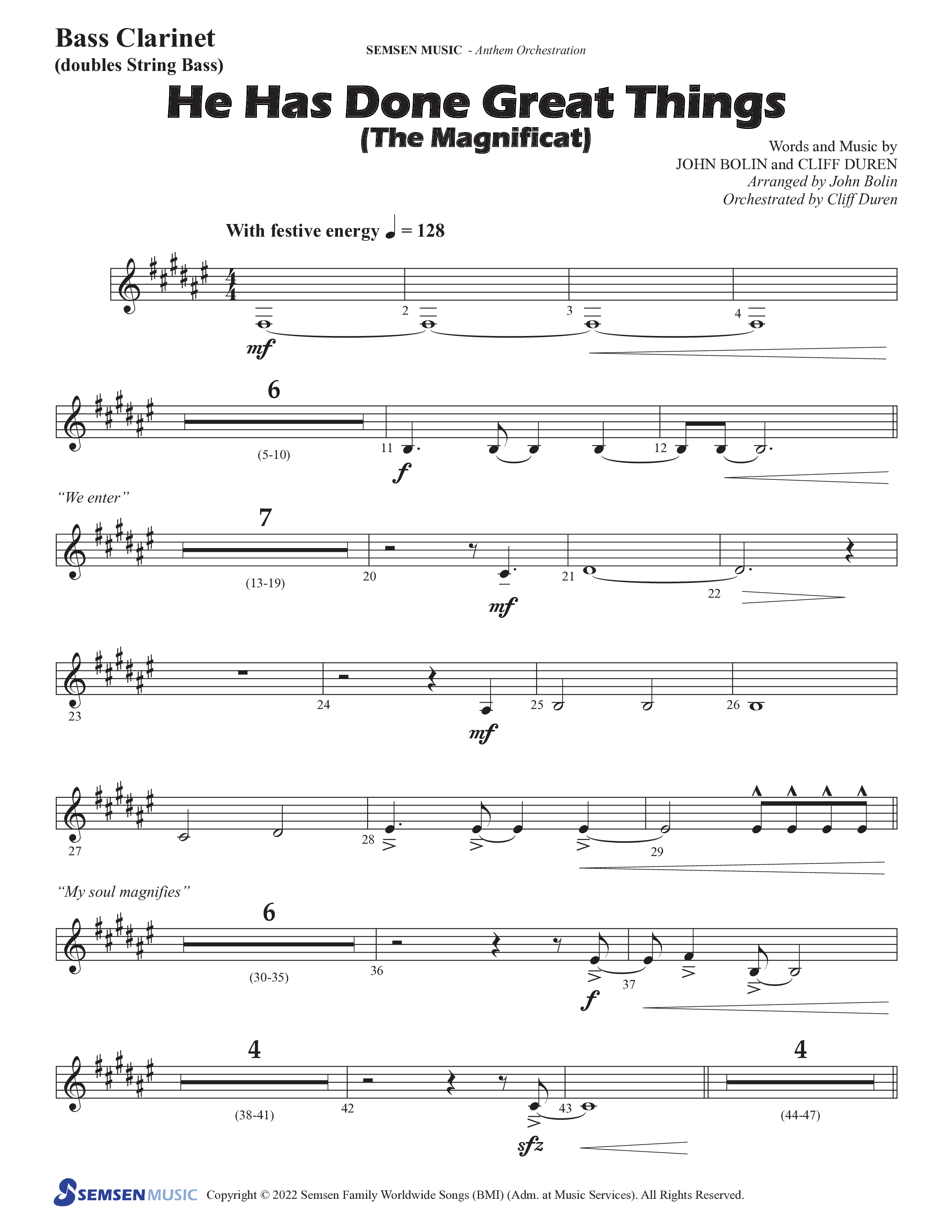 He Has Done Great Things (The Magnificat) (Choral Anthem SATB) Bass Clarinet (Semsen Music / Arr. John Bolin / Orch. Cliff Duren)