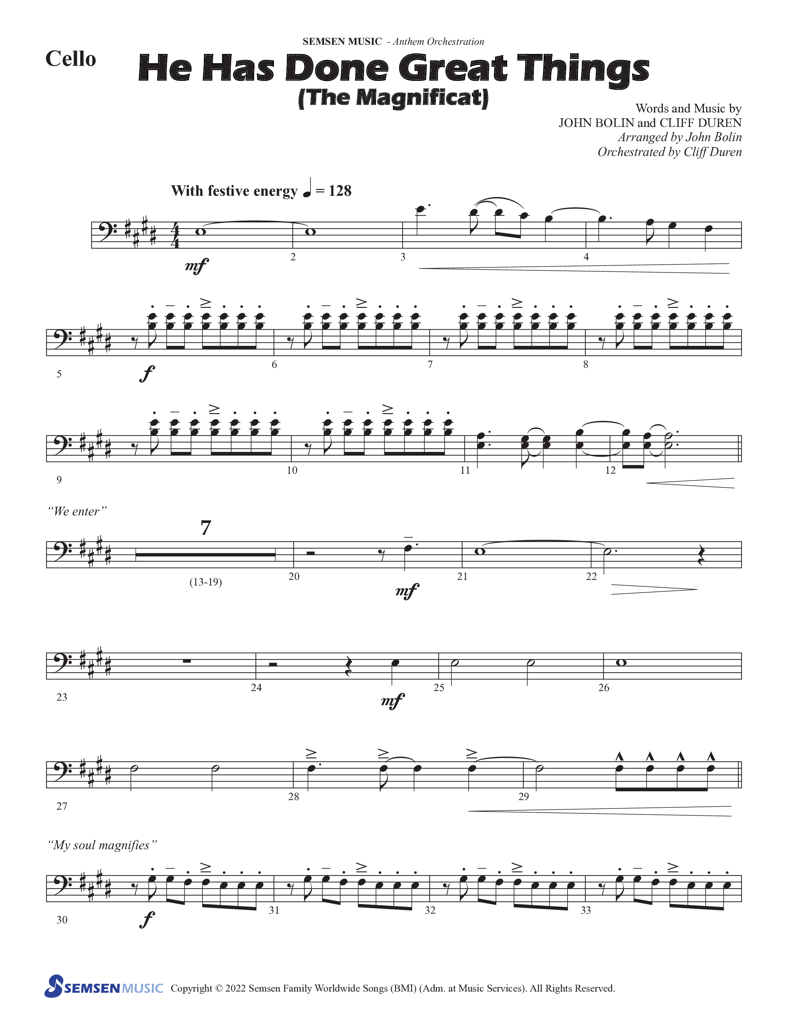 He Has Done Great Things (The Magnificat) (Choral Anthem SATB) Cello (Semsen Music / Arr. John Bolin / Orch. Cliff Duren)