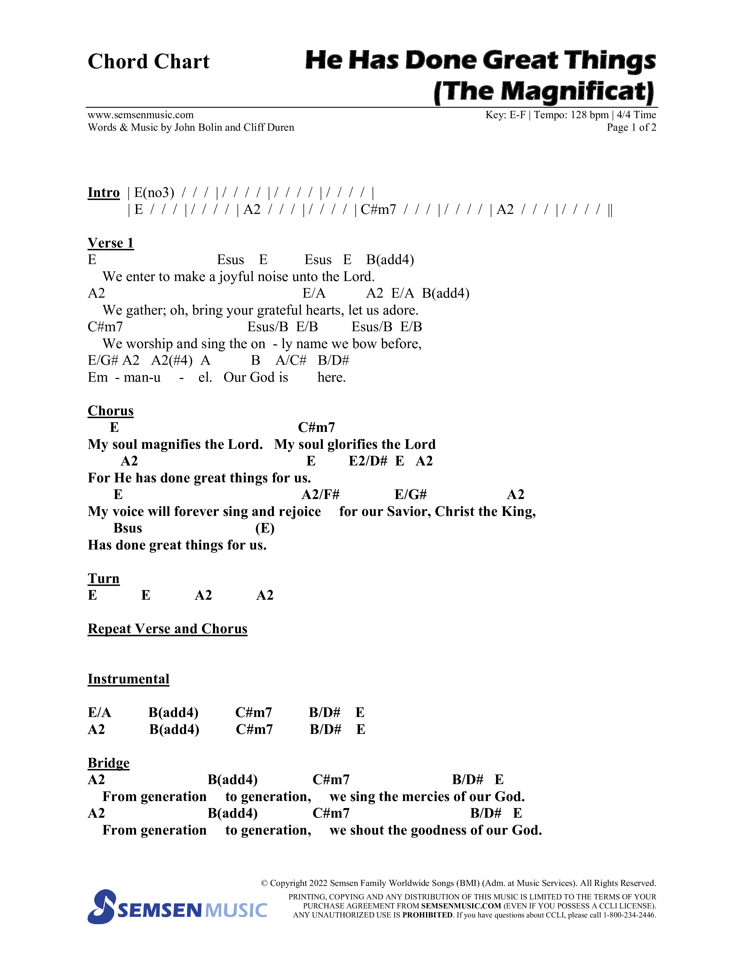 He Has Done Great Things (The Magnificat) (Choral Anthem SATB) Chords & Lead Sheet (Semsen Music / Arr. John Bolin / Orch. Cliff Duren)