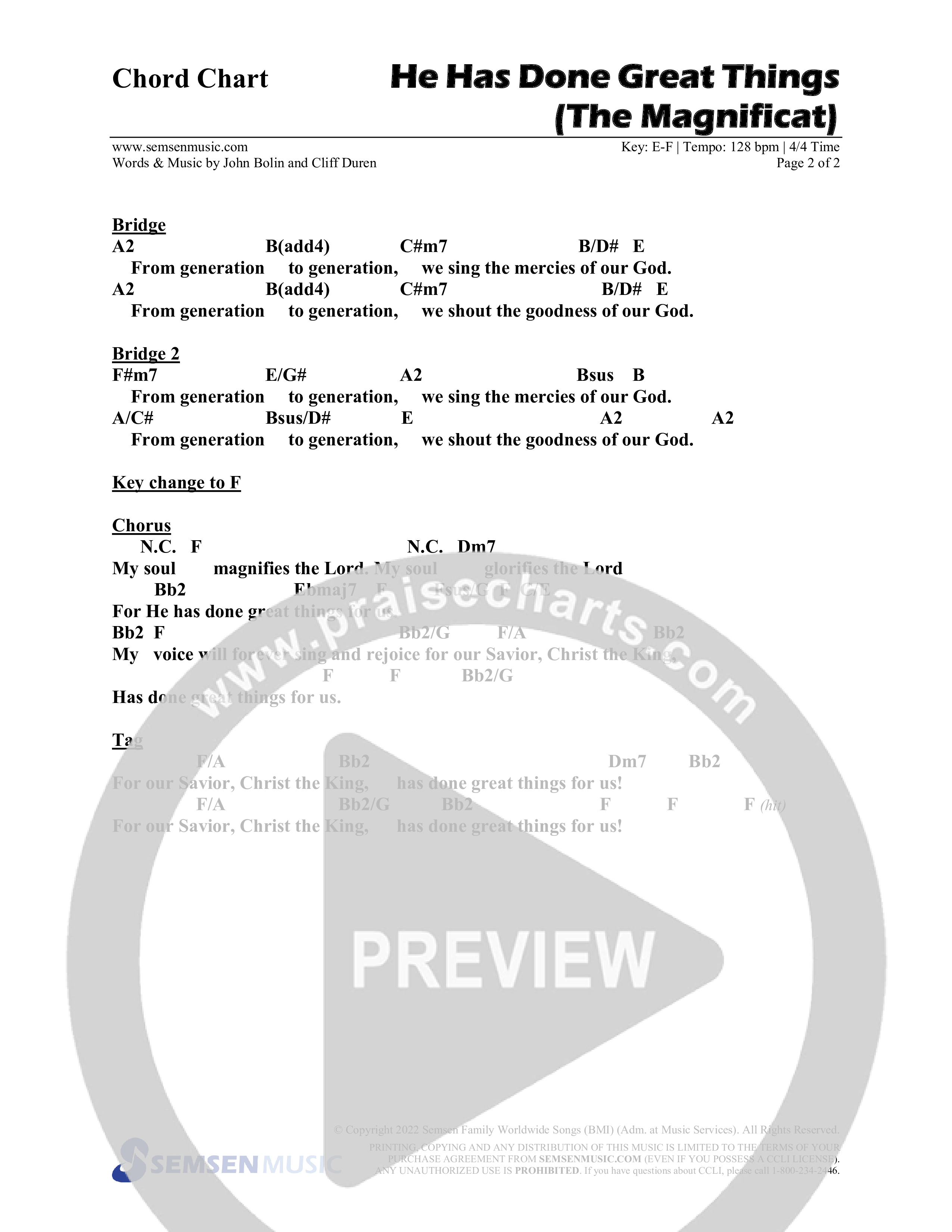 He Has Done Great Things (The Magnificat) (Choral Anthem SATB) Chords & Lead Sheet (Semsen Music / Arr. John Bolin / Orch. Cliff Duren)