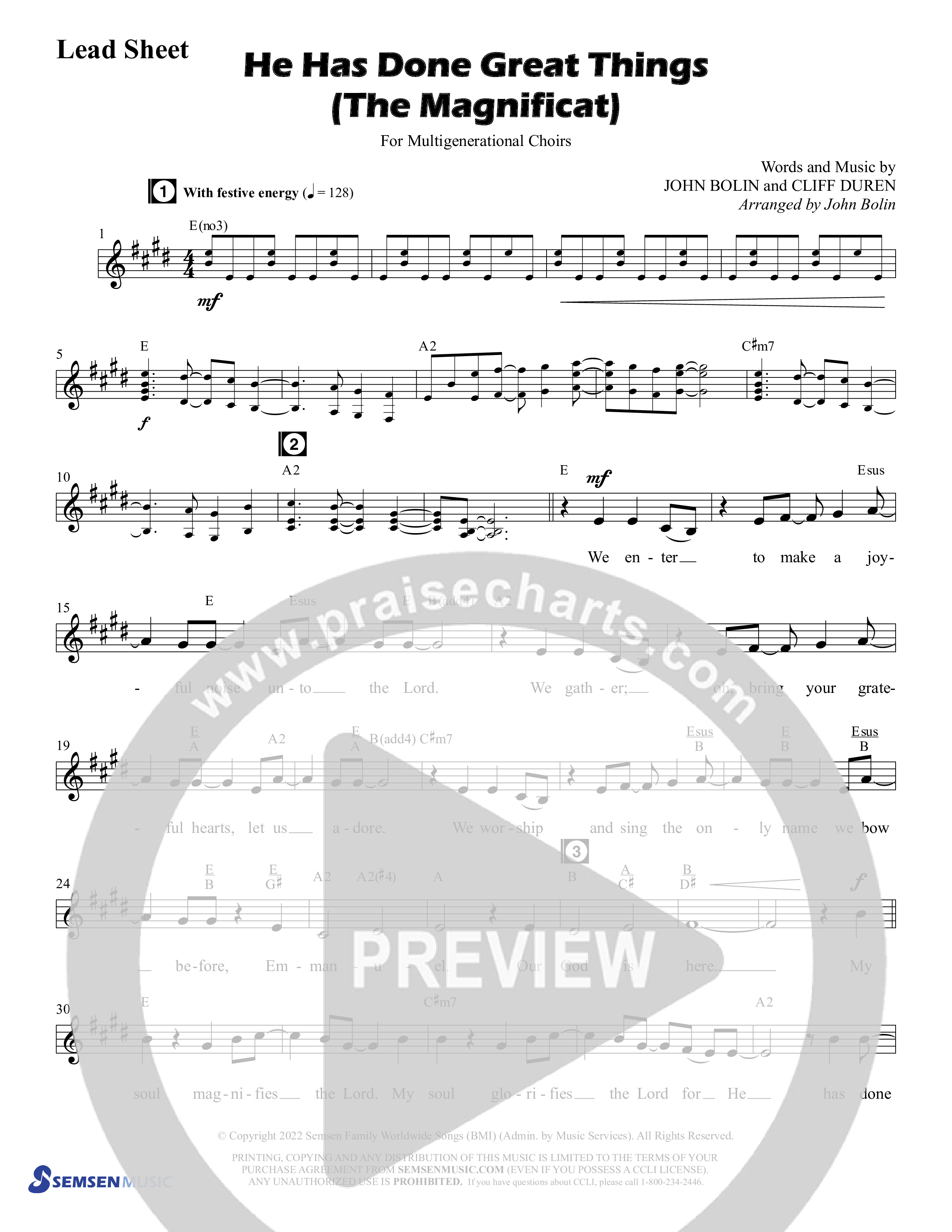 He Has Done Great Things (The Magnificat) (Choral Anthem SATB) Chords & Lead Sheet (Semsen Music / Arr. John Bolin / Orch. Cliff Duren)