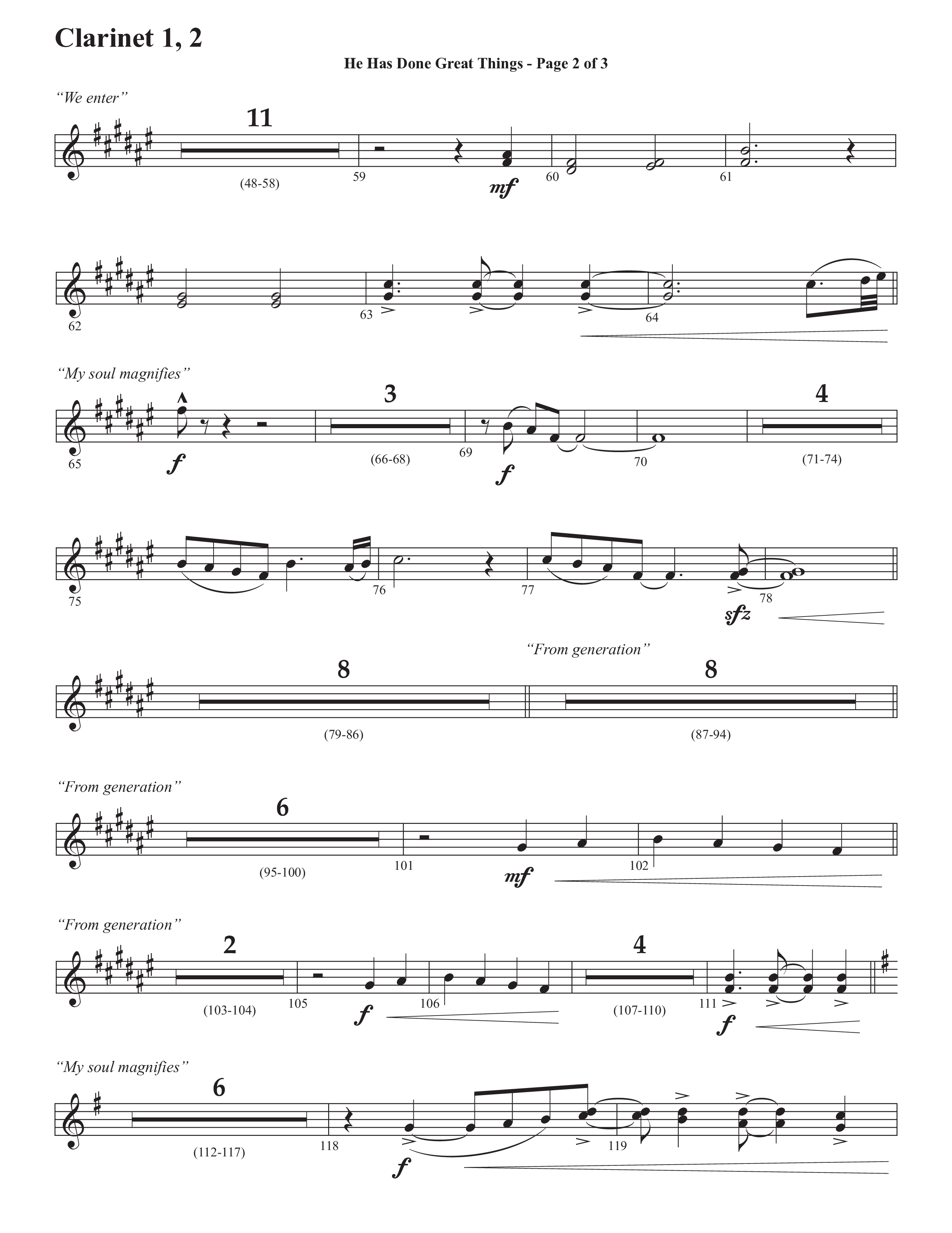 He Has Done Great Things (The Magnificat) (Choral Anthem SATB) Clarinet 1/2 (Semsen Music / Arr. John Bolin / Orch. Cliff Duren)