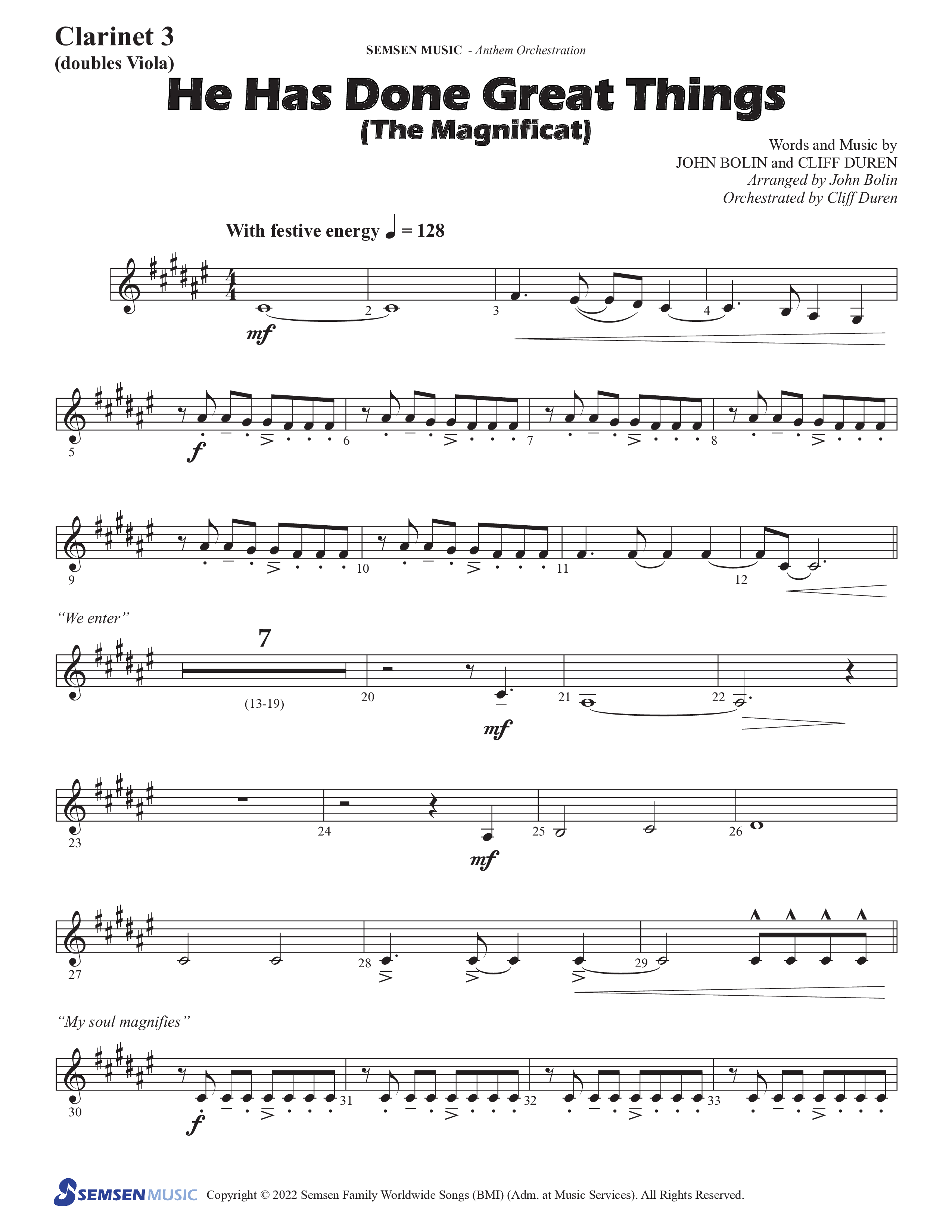 He Has Done Great Things (The Magnificat) (Choral Anthem SATB) Clarinet 3 (Semsen Music / Arr. John Bolin / Orch. Cliff Duren)