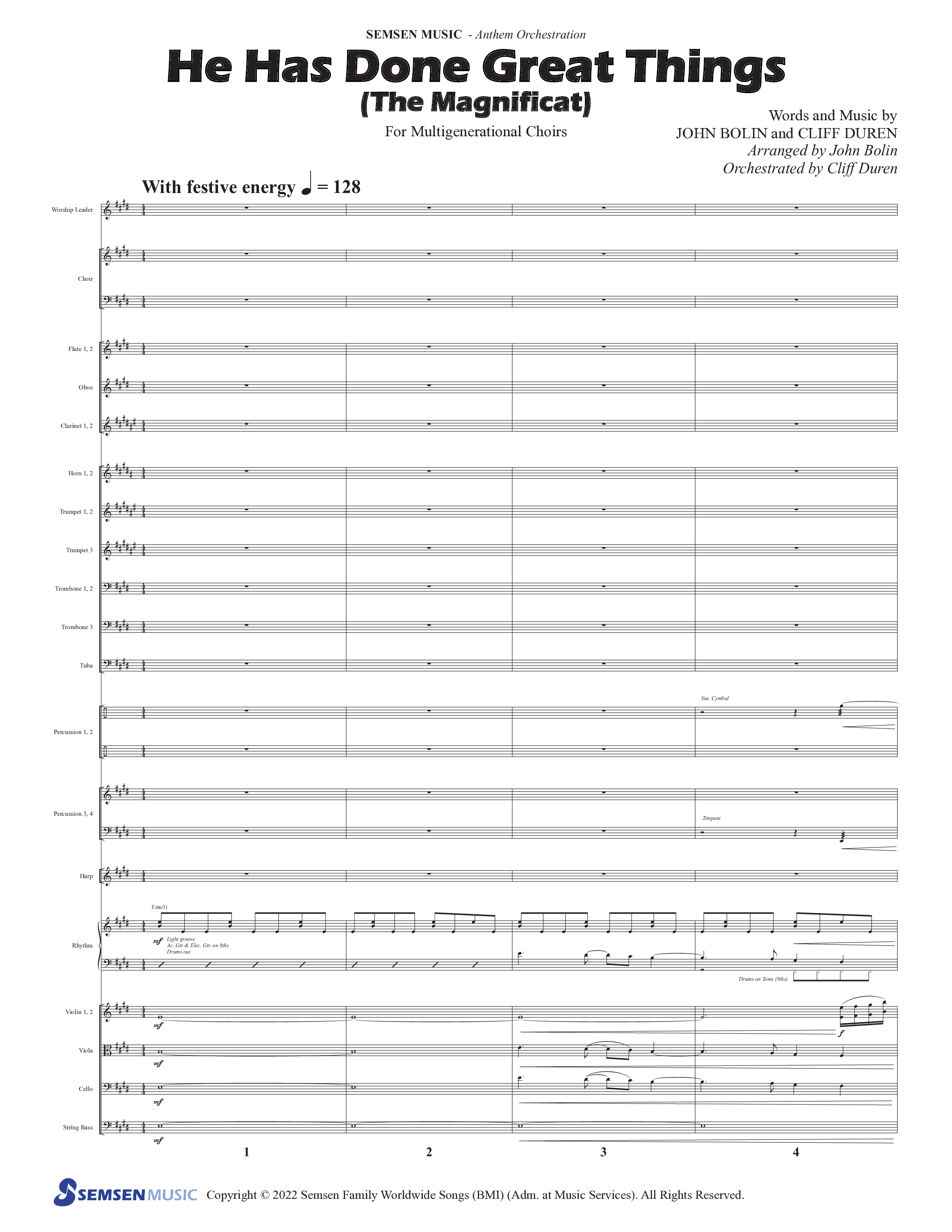 He Has Done Great Things (The Magnificat) (Choral Anthem SATB) Orchestration (Semsen Music / Arr. John Bolin / Orch. Cliff Duren)