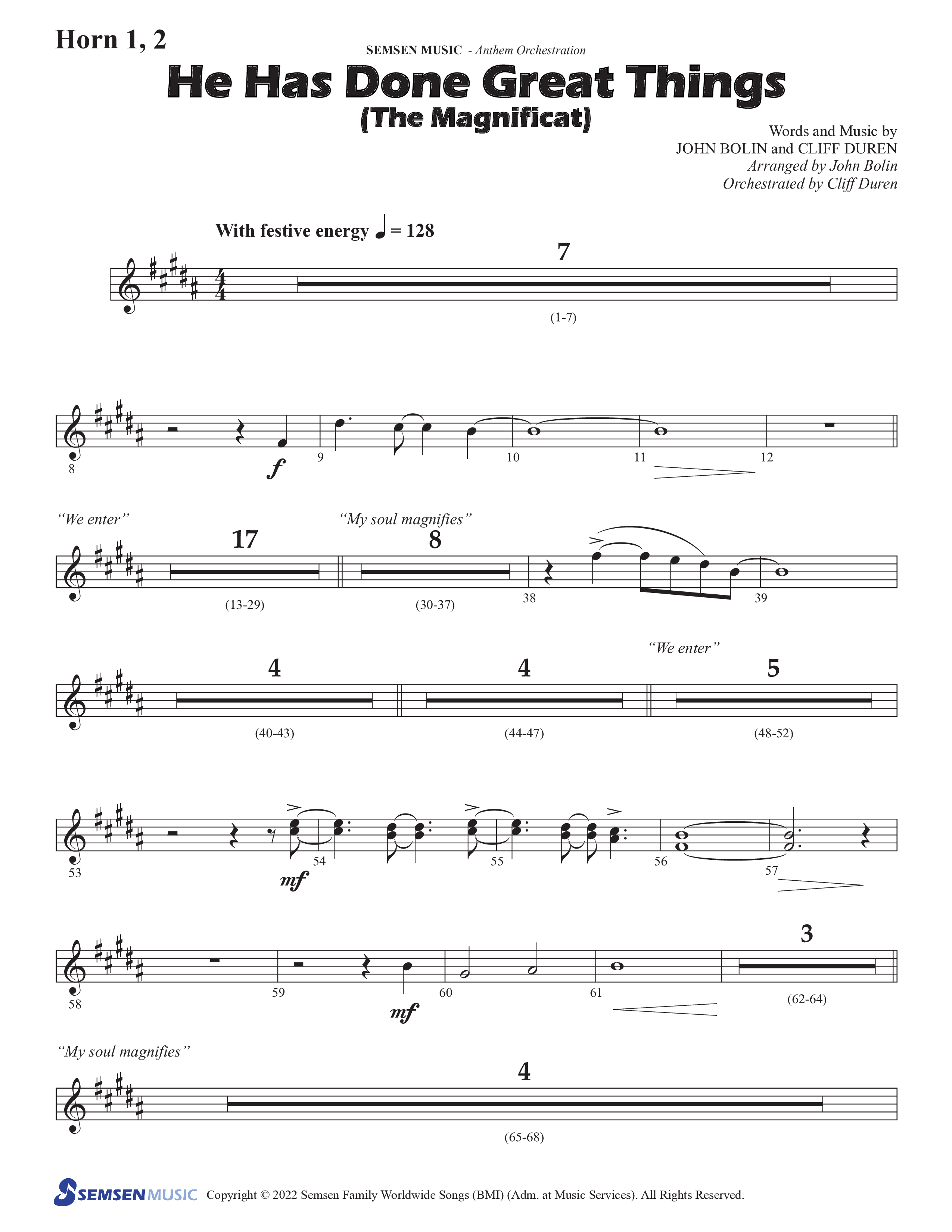 He Has Done Great Things (The Magnificat) (Choral Anthem SATB) French Horn 1/2 (Semsen Music / Arr. John Bolin / Orch. Cliff Duren)