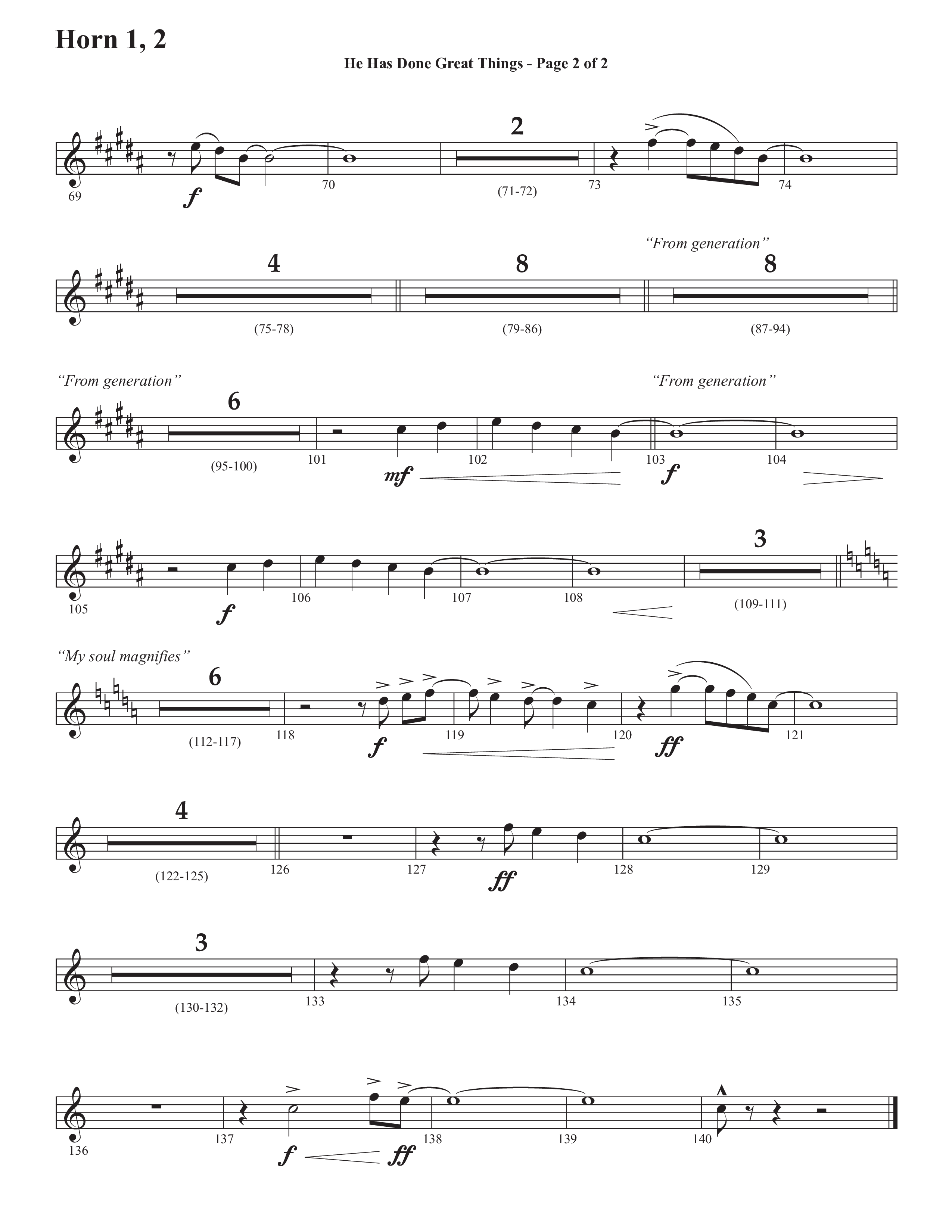 He Has Done Great Things (The Magnificat) (Choral Anthem SATB) French Horn 1/2 (Semsen Music / Arr. John Bolin / Orch. Cliff Duren)