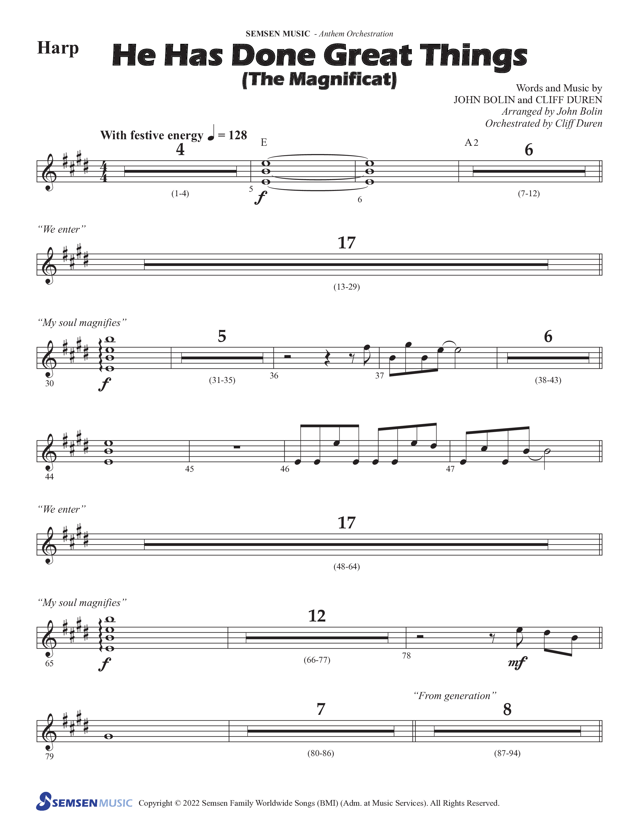 He Has Done Great Things (The Magnificat) (Choral Anthem SATB) Harp (Semsen Music / Arr. John Bolin / Orch. Cliff Duren)