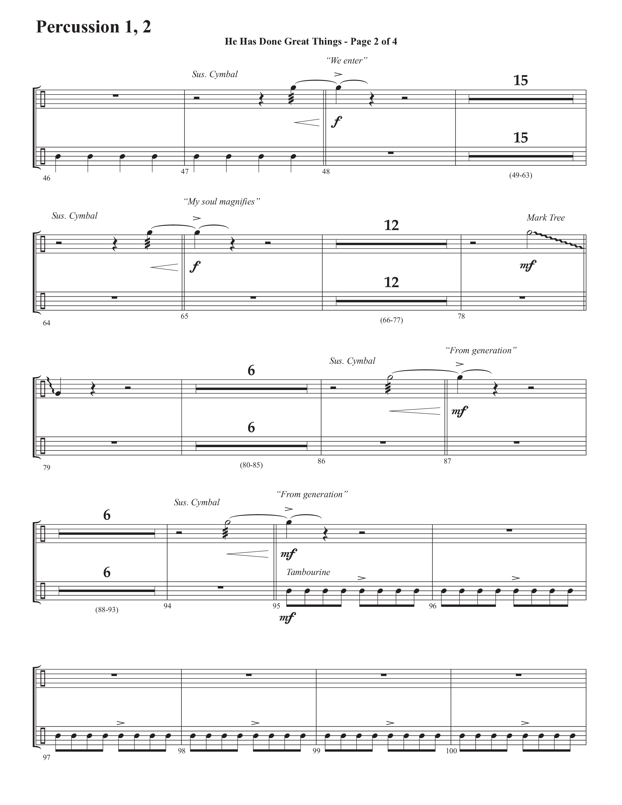 He Has Done Great Things (The Magnificat) (Choral Anthem SATB) Percussion 1/2 (Semsen Music / Arr. John Bolin / Orch. Cliff Duren)