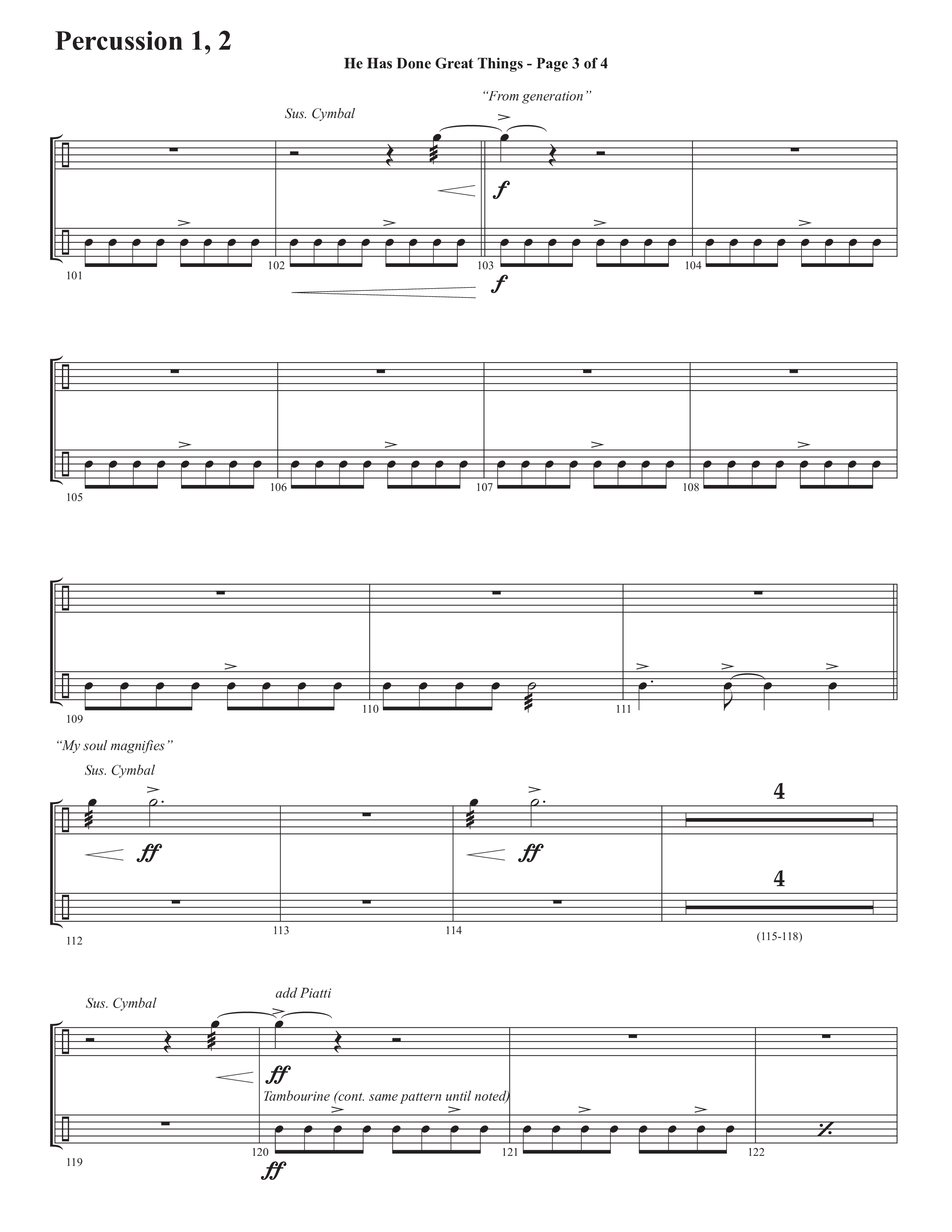 He Has Done Great Things (The Magnificat) (Choral Anthem SATB) Percussion 1/2 (Semsen Music / Arr. John Bolin / Orch. Cliff Duren)