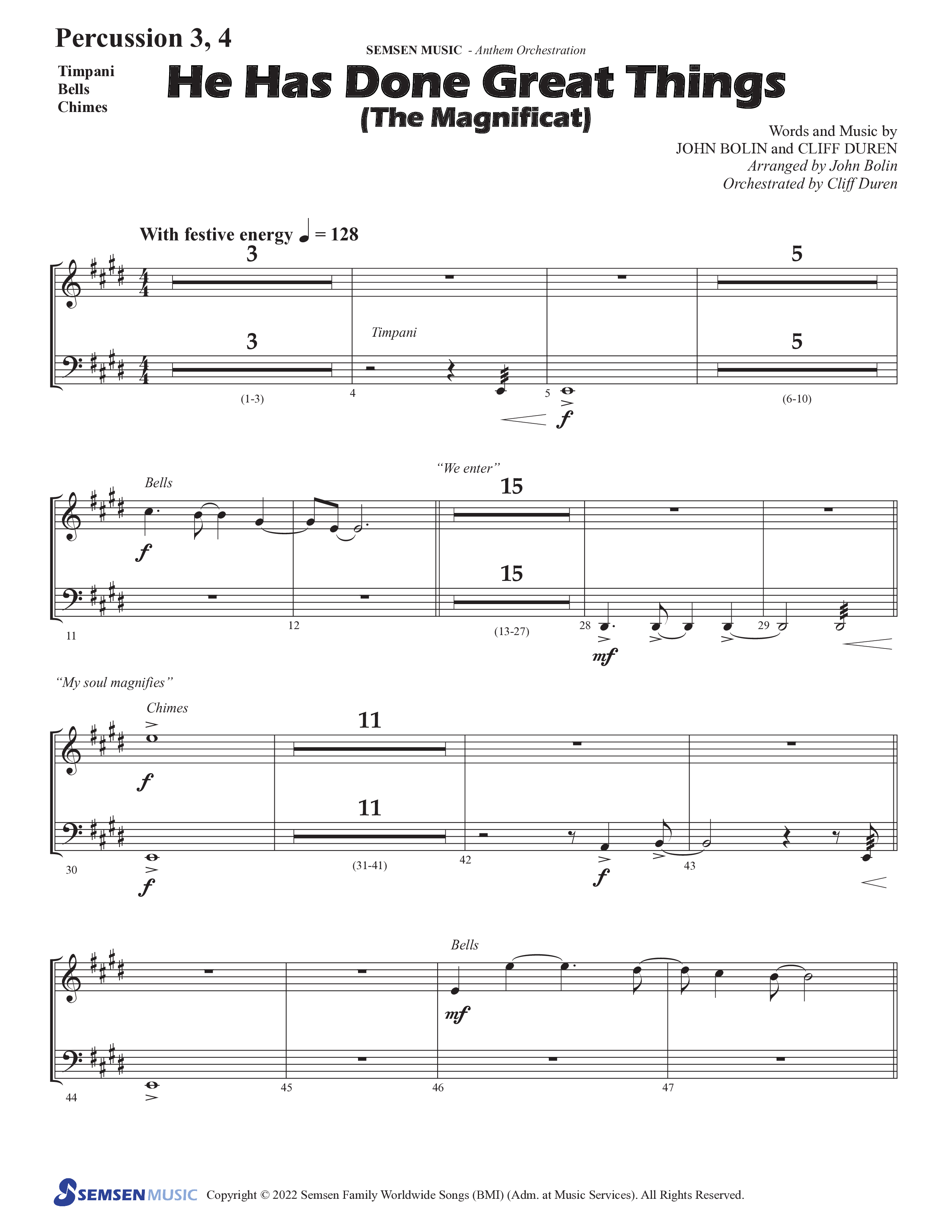 He Has Done Great Things (The Magnificat) (Choral Anthem SATB) Percussion (Semsen Music / Arr. John Bolin / Orch. Cliff Duren)