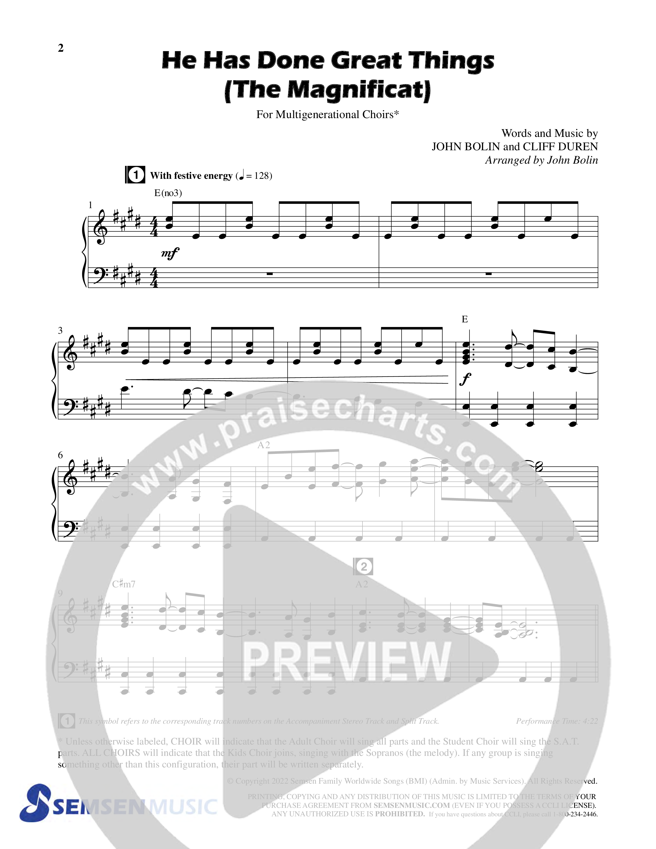 He Has Done Great Things (The Magnificat) (Choral Anthem SATB) Anthem (SATB/Piano) (Semsen Music / Arr. John Bolin / Orch. Cliff Duren)
