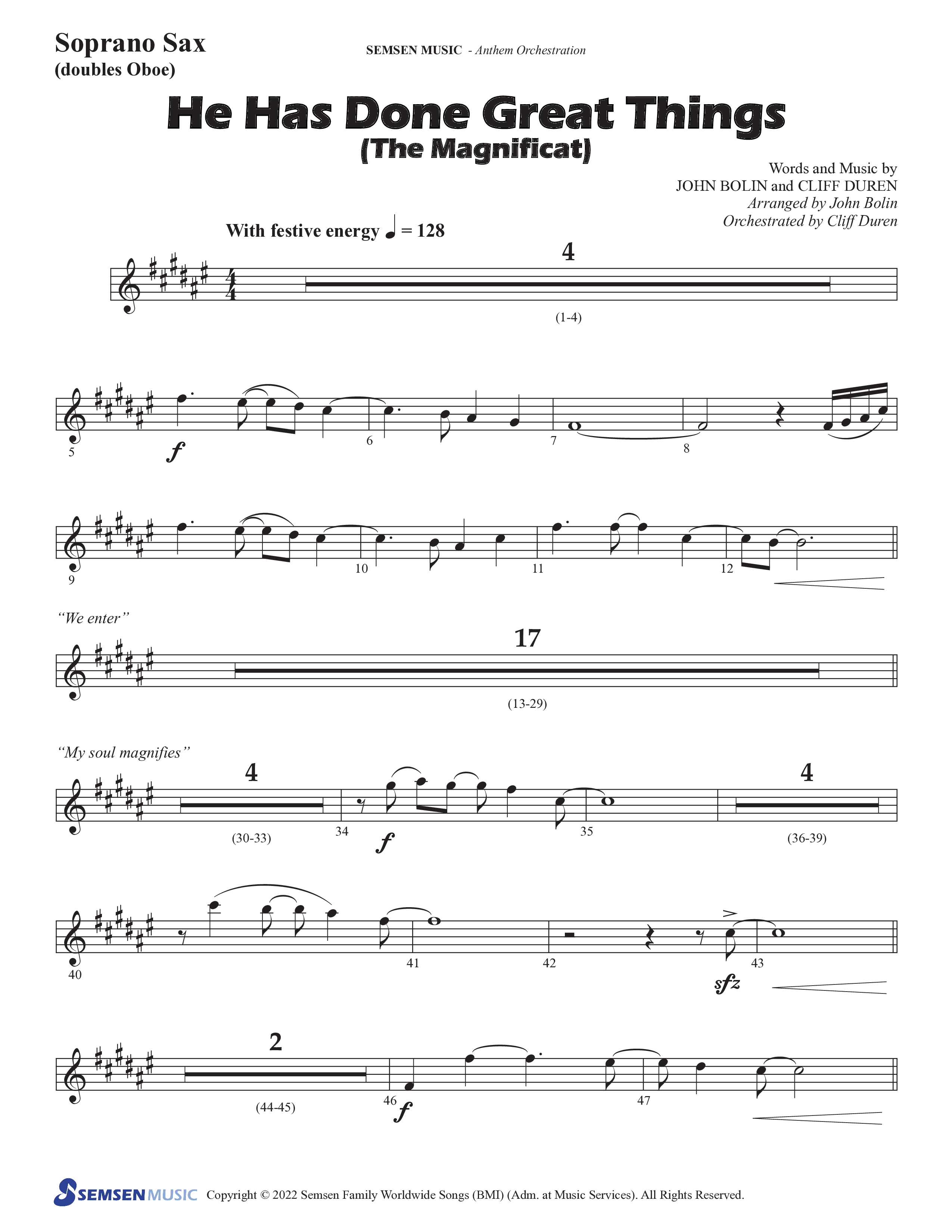 He Has Done Great Things (The Magnificat) (Choral Anthem SATB) Soprano Sax (Semsen Music / Arr. John Bolin / Orch. Cliff Duren)