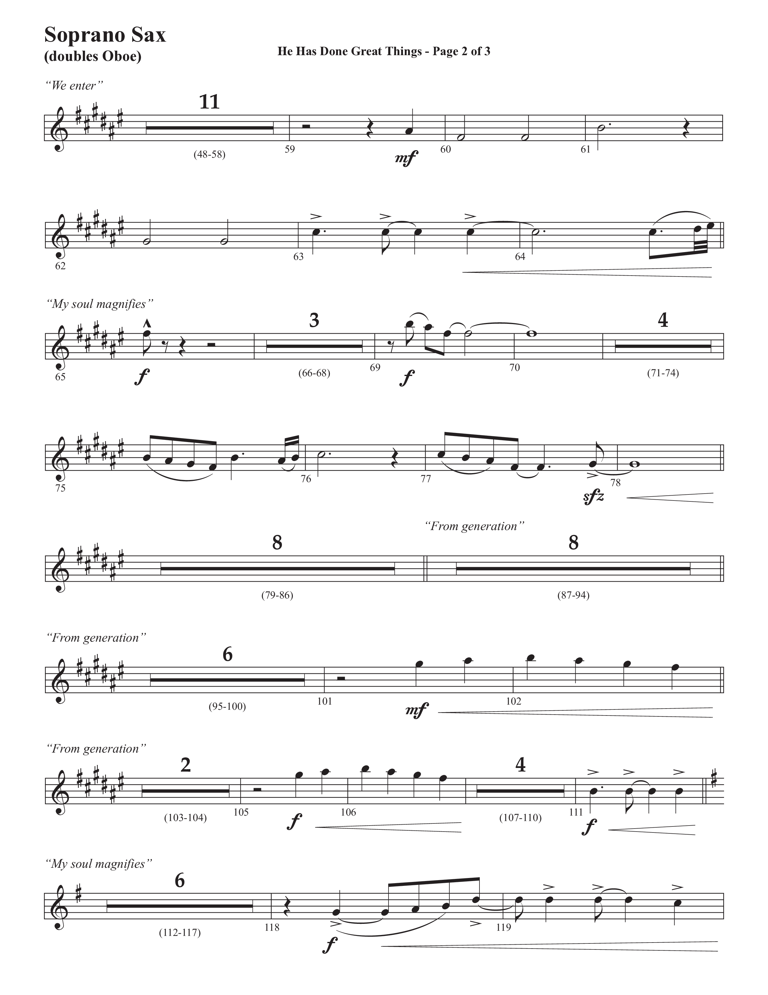 He Has Done Great Things (The Magnificat) (Choral Anthem SATB) Soprano Sax (Semsen Music / Arr. John Bolin / Orch. Cliff Duren)