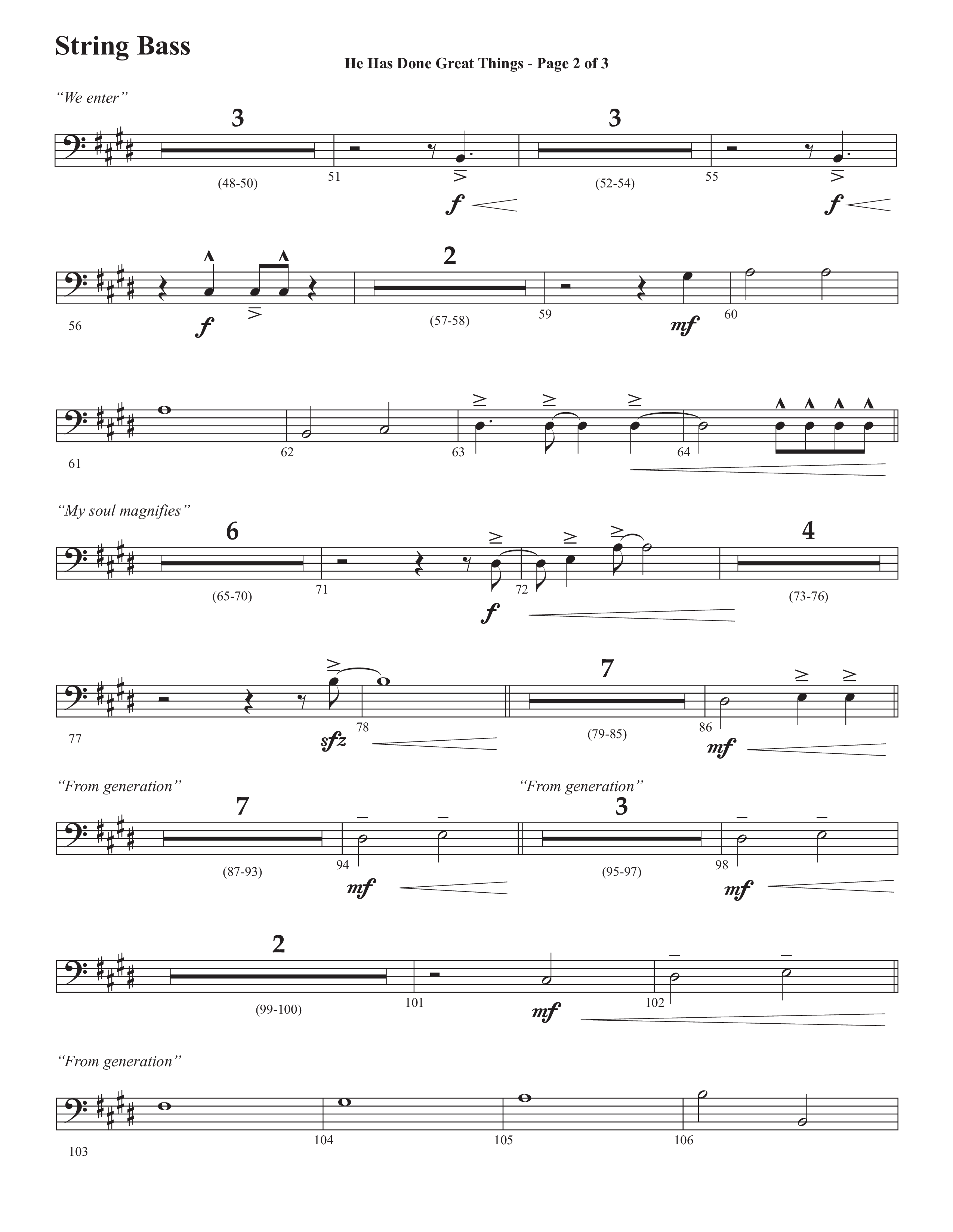 He Has Done Great Things (The Magnificat) (Choral Anthem SATB) String Bass (Semsen Music / Arr. John Bolin / Orch. Cliff Duren)