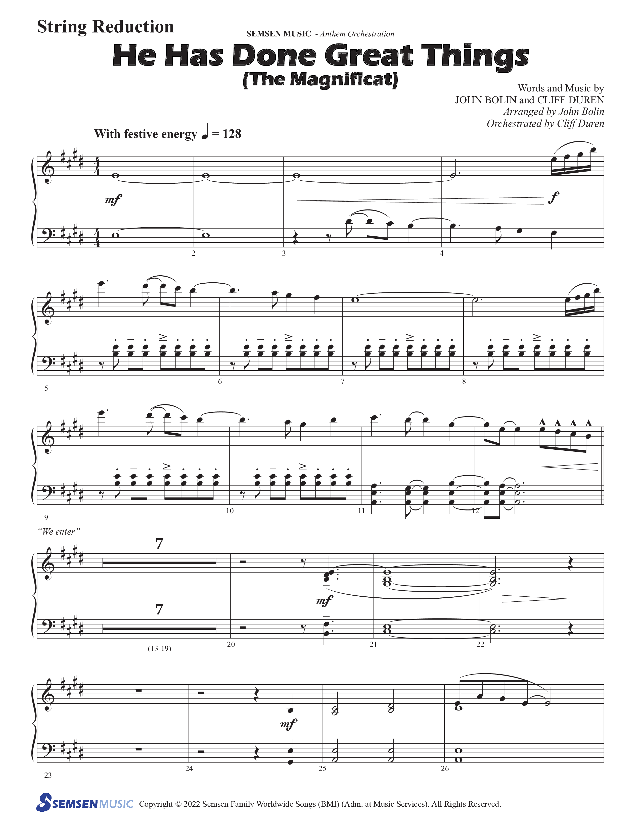 He Has Done Great Things (The Magnificat) (Choral Anthem SATB) String Reduction (Semsen Music / Arr. John Bolin / Orch. Cliff Duren)