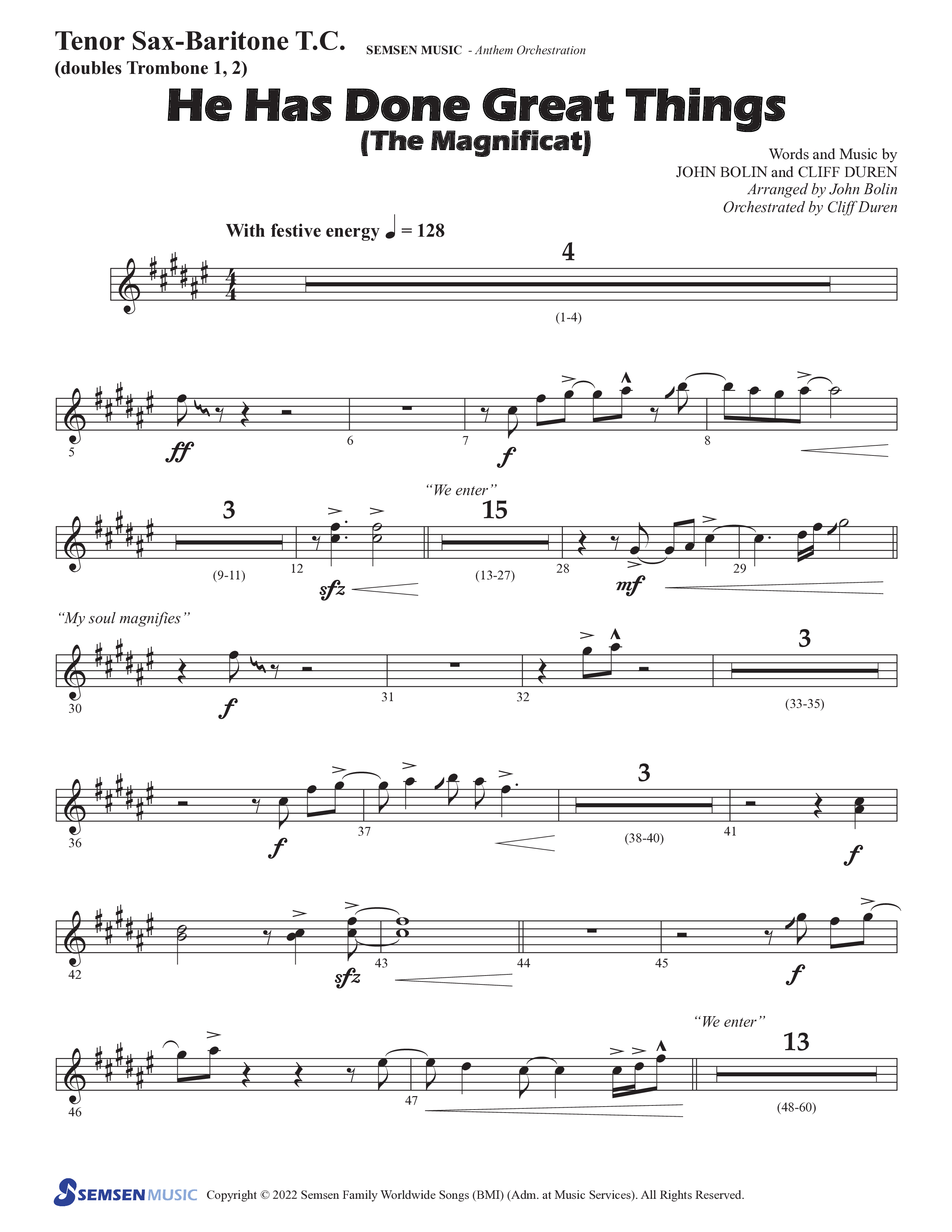 He Has Done Great Things (The Magnificat) (Choral Anthem SATB) Tenor Sax/Baritone T.C. (Semsen Music / Arr. John Bolin / Orch. Cliff Duren)