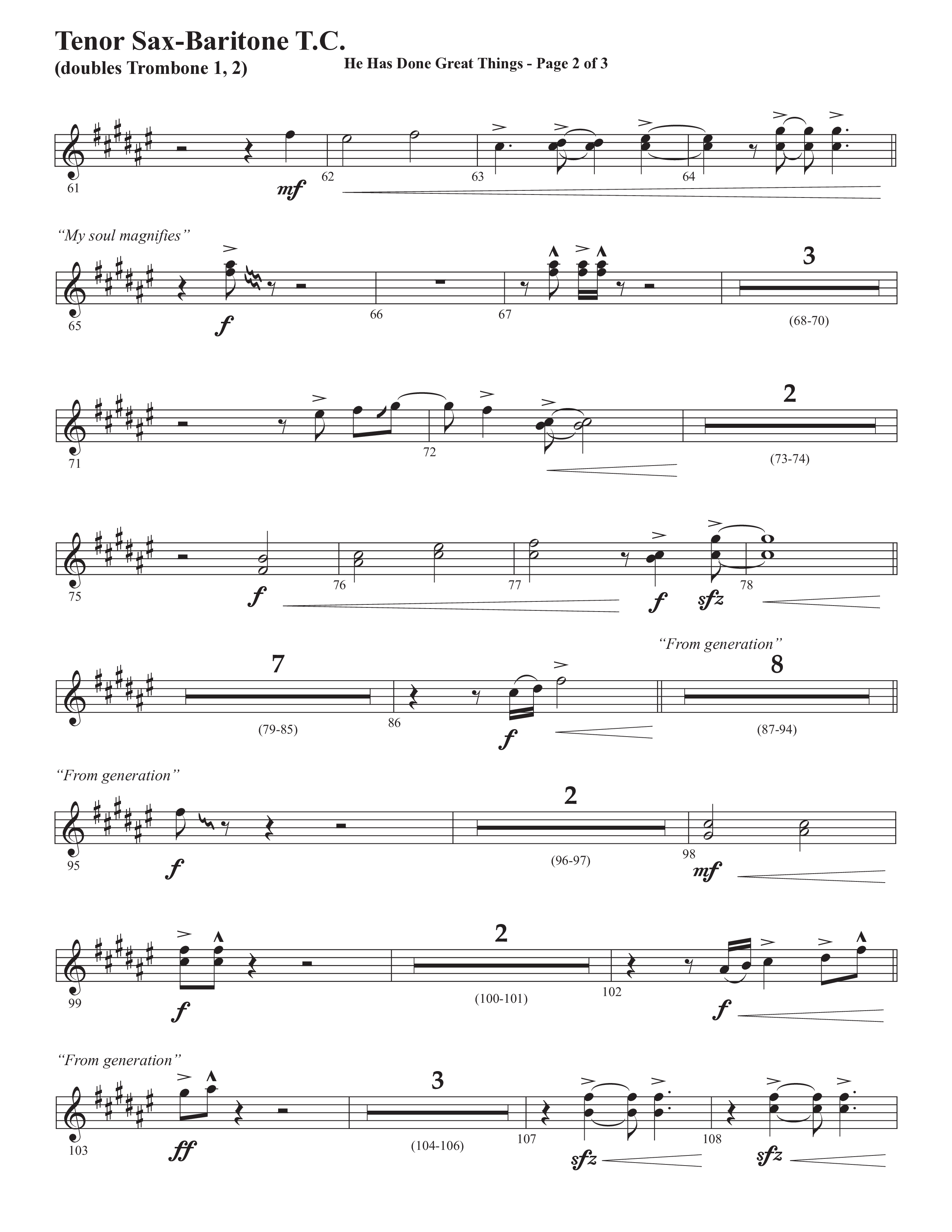 He Has Done Great Things (The Magnificat) (Choral Anthem SATB) Tenor Sax/Baritone T.C. (Semsen Music / Arr. John Bolin / Orch. Cliff Duren)