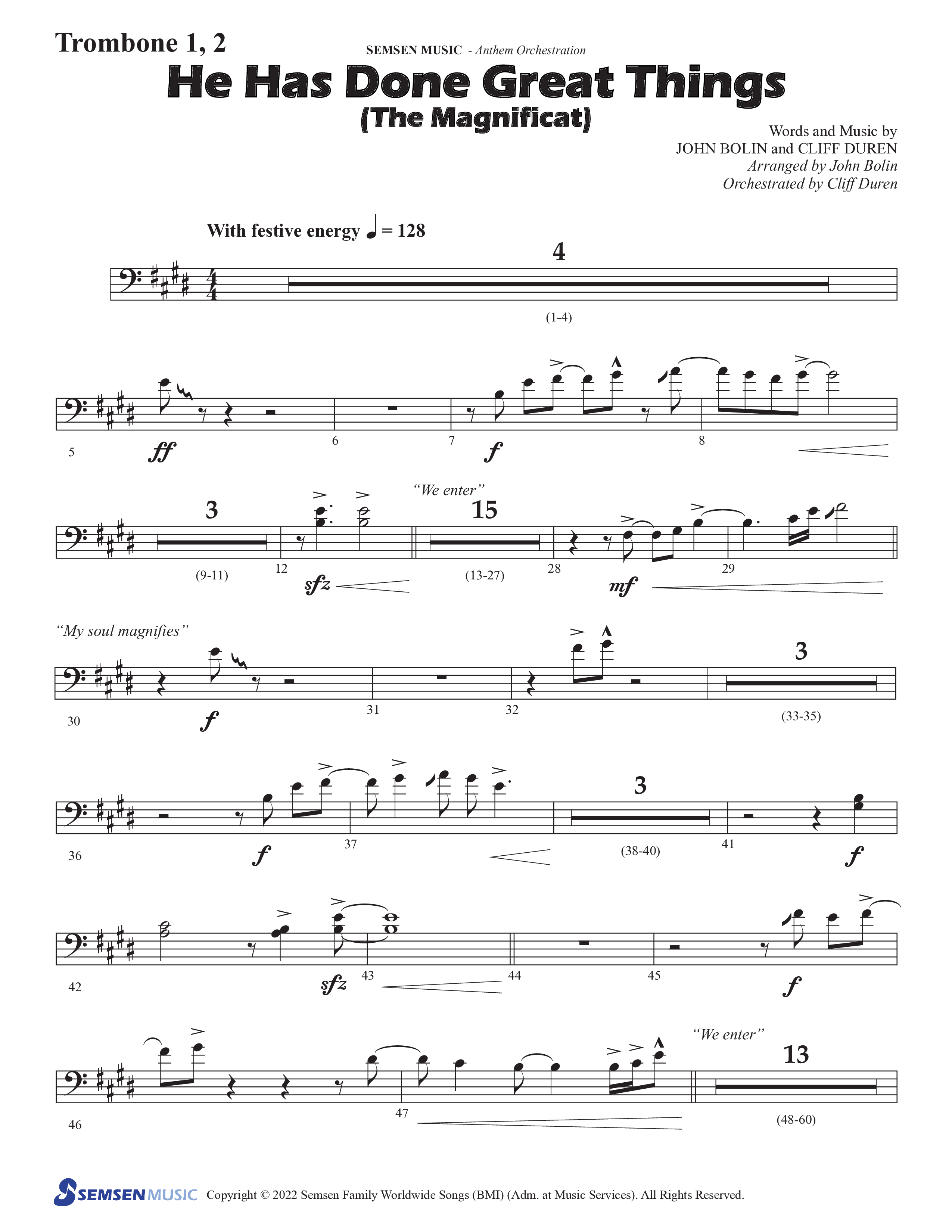 He Has Done Great Things (The Magnificat) (Choral Anthem SATB) Trombone 1/2 (Semsen Music / Arr. John Bolin / Orch. Cliff Duren)