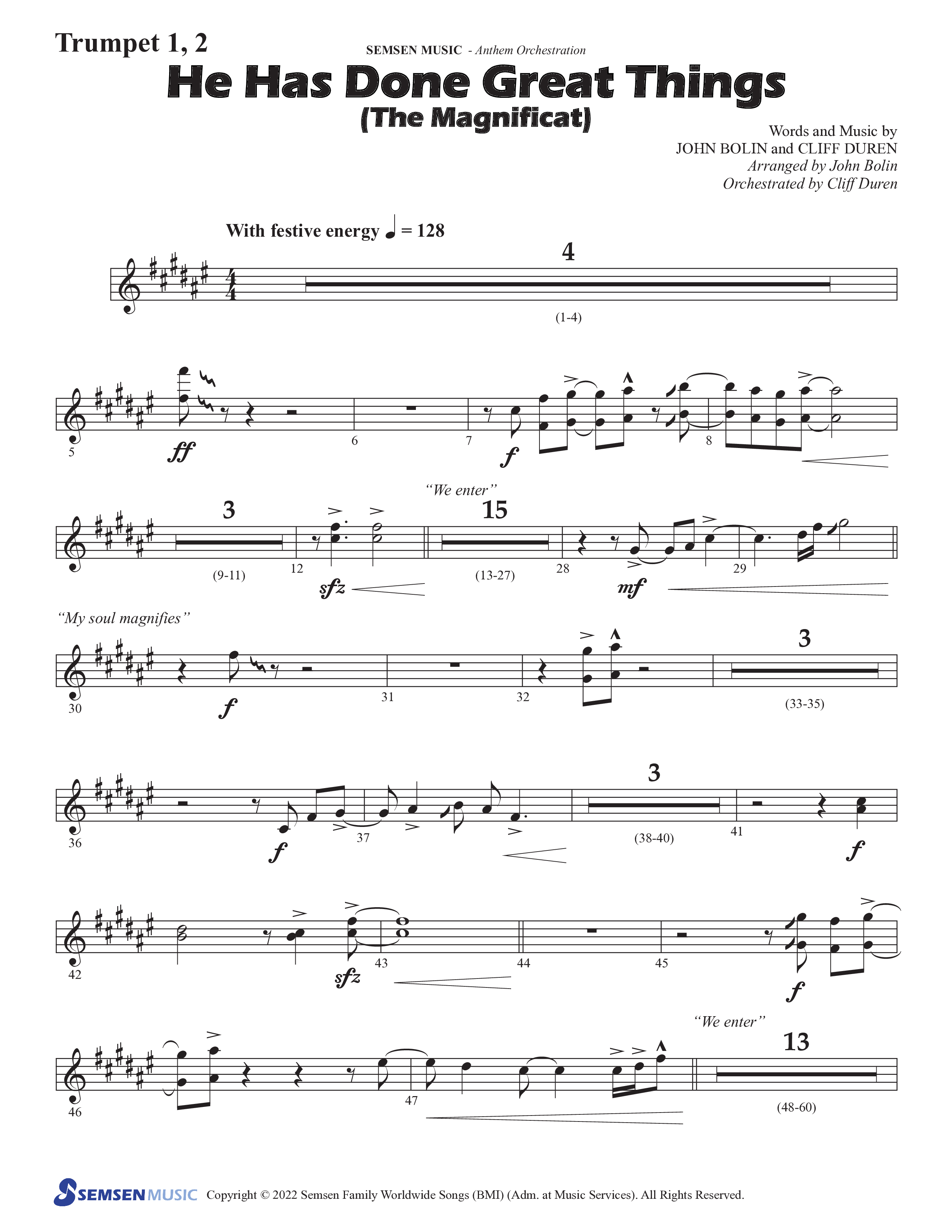 He Has Done Great Things (The Magnificat) (Choral Anthem SATB) Trumpet 1,2 (Semsen Music / Arr. John Bolin / Orch. Cliff Duren)