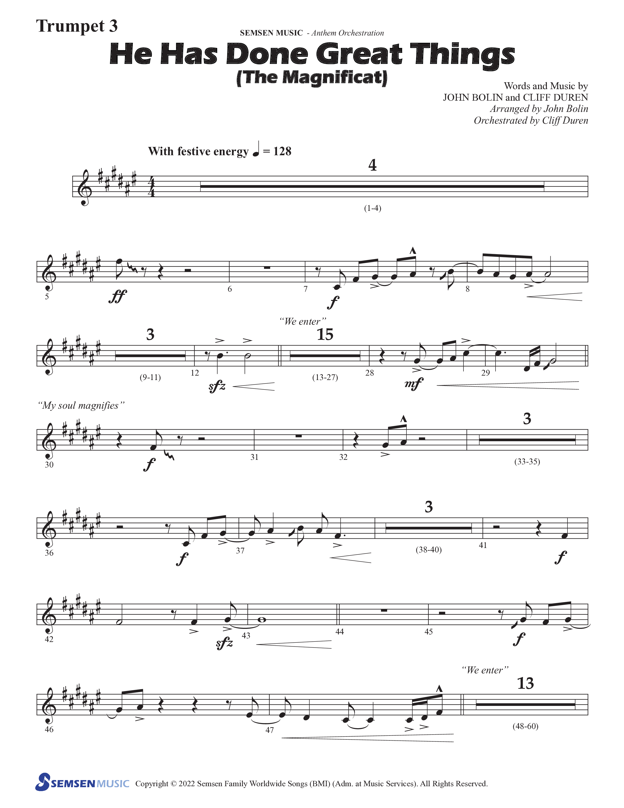 He Has Done Great Things (The Magnificat) (Choral Anthem SATB) Trumpet 3 (Semsen Music / Arr. John Bolin / Orch. Cliff Duren)