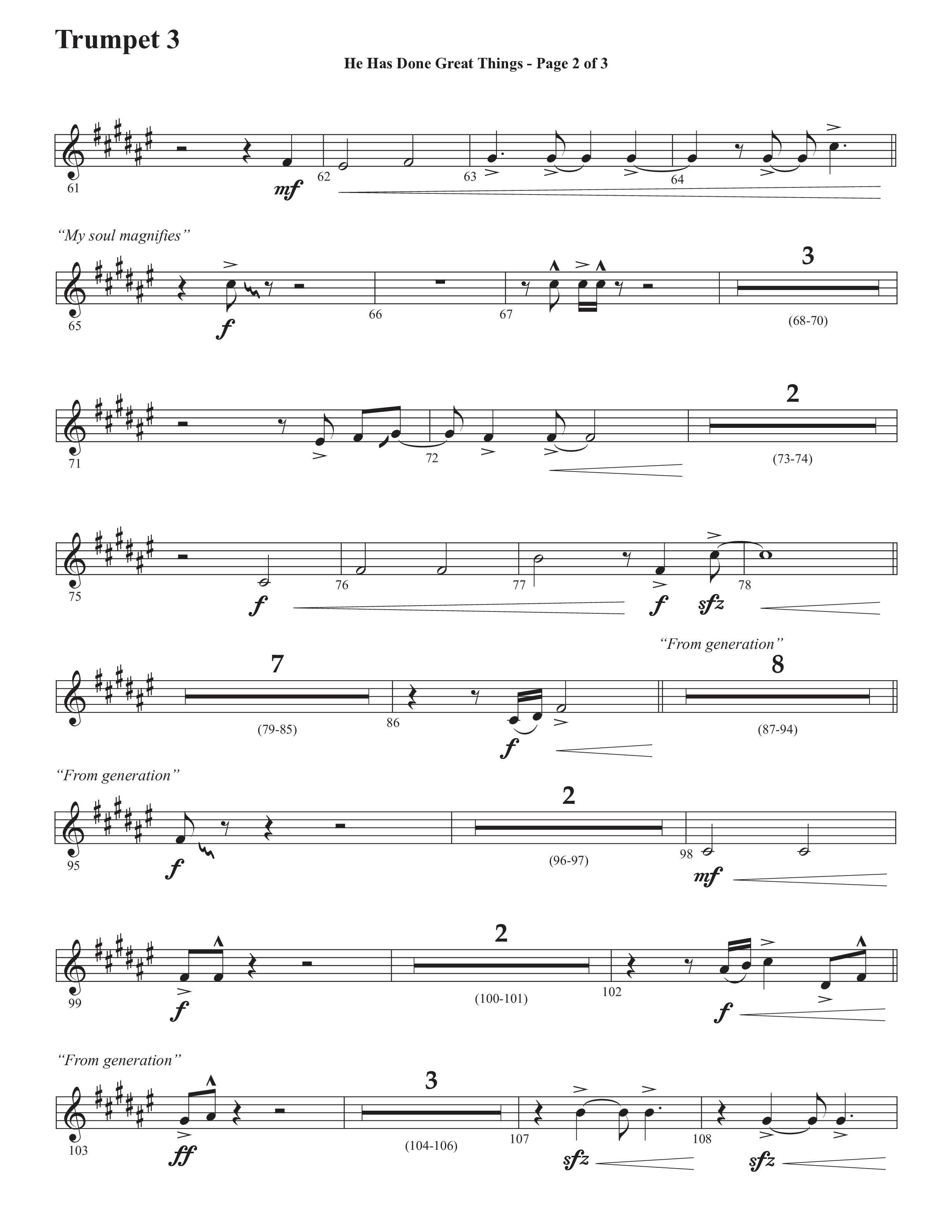 He Has Done Great Things (The Magnificat) (Choral Anthem SATB) Trumpet 3 (Semsen Music / Arr. John Bolin / Orch. Cliff Duren)