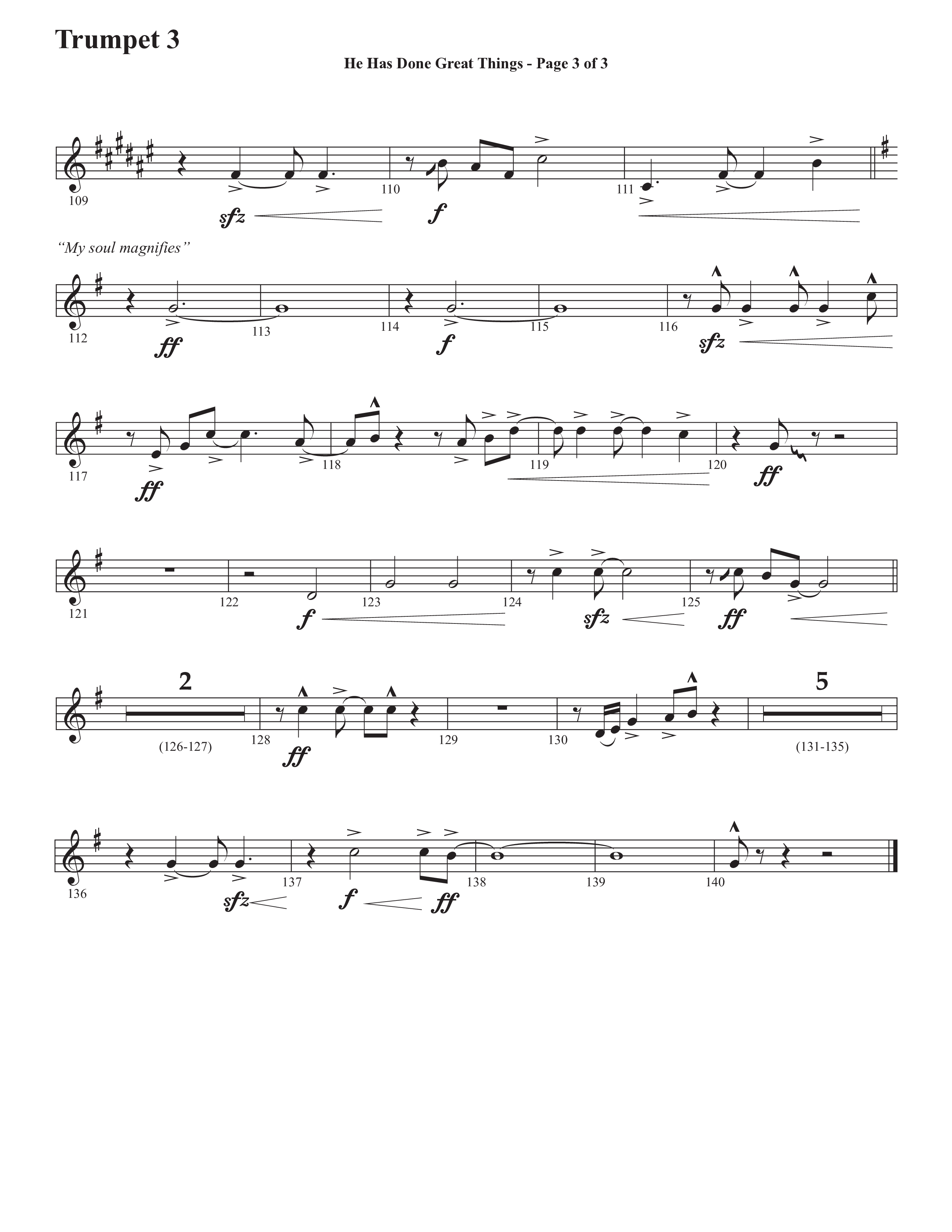 He Has Done Great Things (The Magnificat) (Choral Anthem SATB) Trumpet 3 (Semsen Music / Arr. John Bolin / Orch. Cliff Duren)
