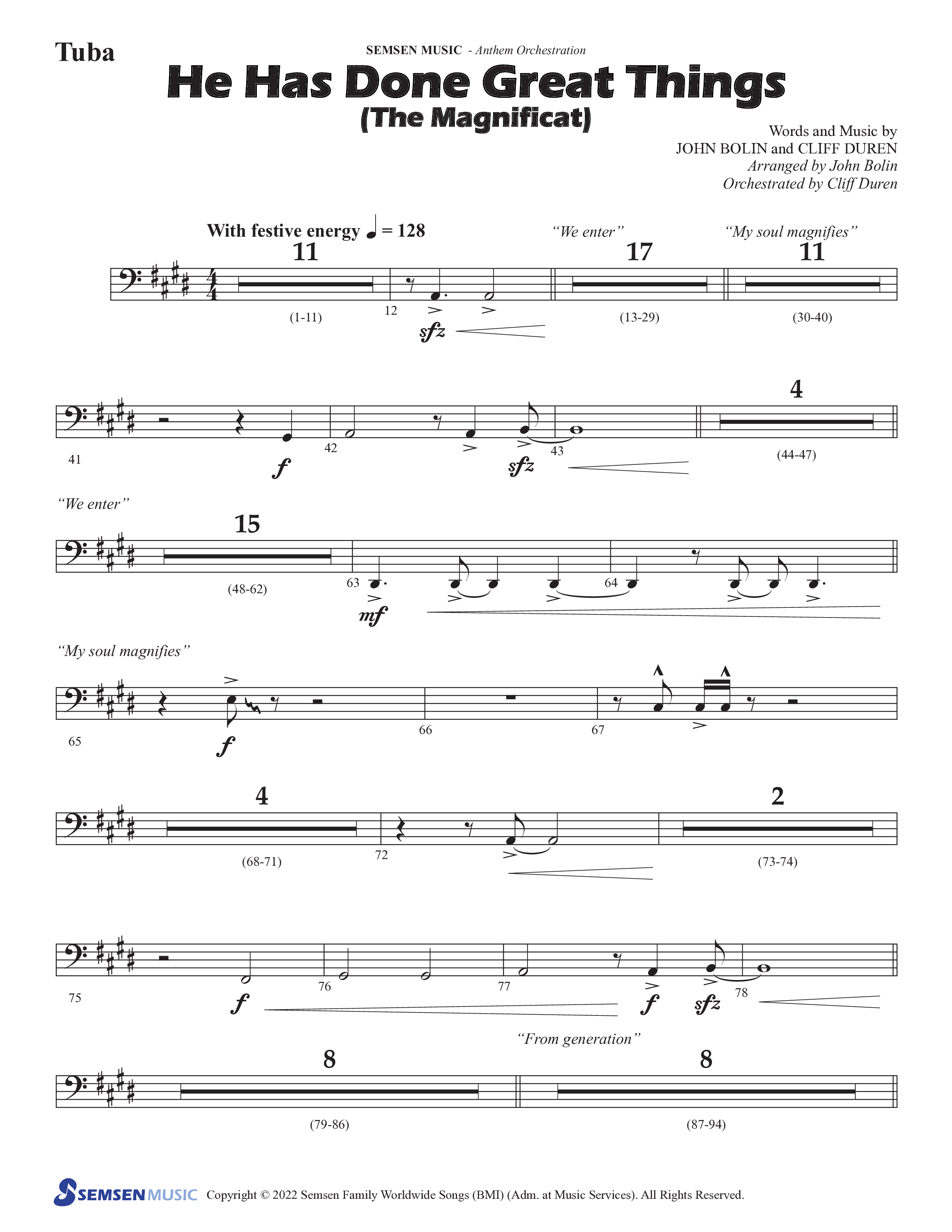 He Has Done Great Things (The Magnificat) (Choral Anthem SATB) Tuba (Semsen Music / Arr. John Bolin / Orch. Cliff Duren)