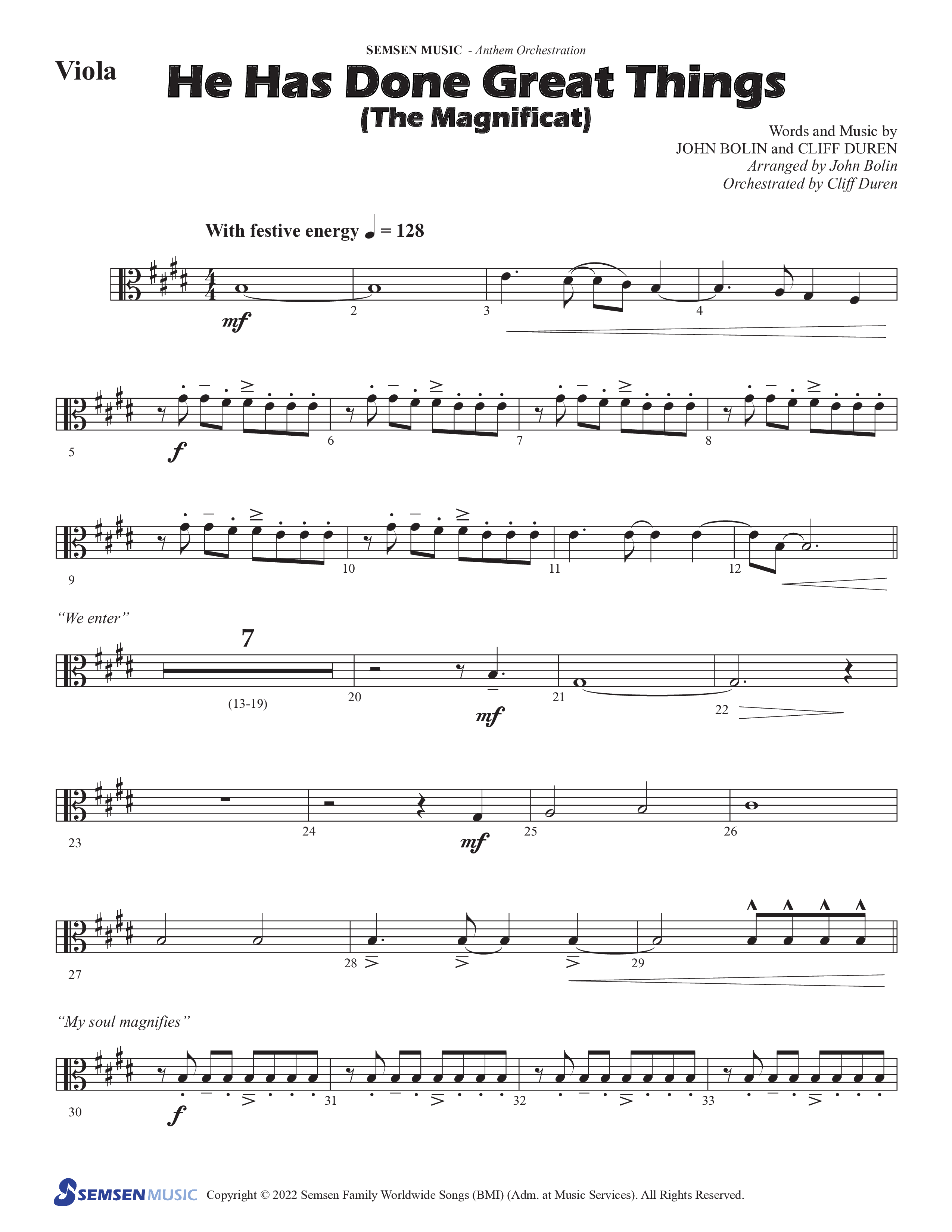 He Has Done Great Things (The Magnificat) (Choral Anthem SATB) Viola (Semsen Music / Arr. John Bolin / Orch. Cliff Duren)