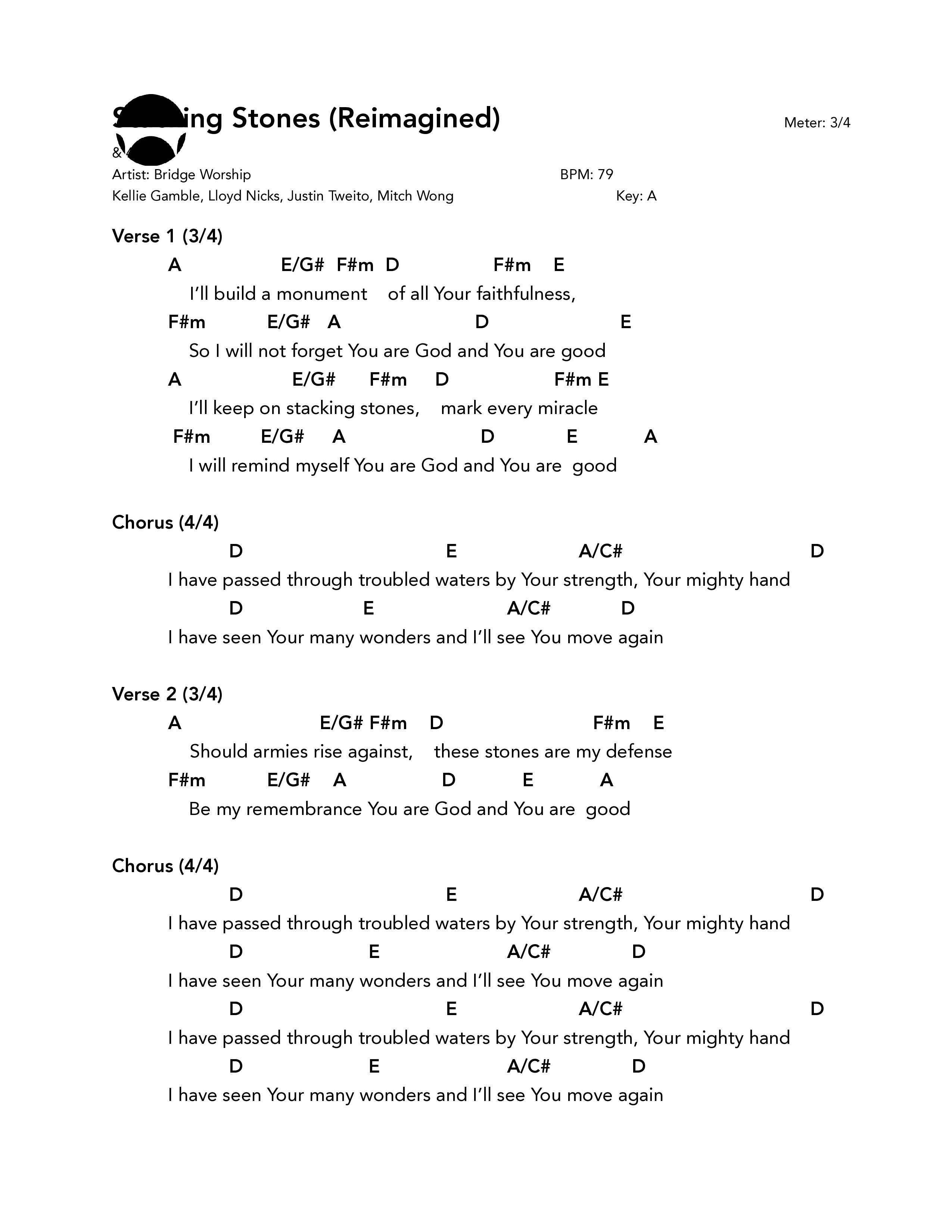 Stacking Stones (Reimagined) Chord Chart (Bridge Worship)