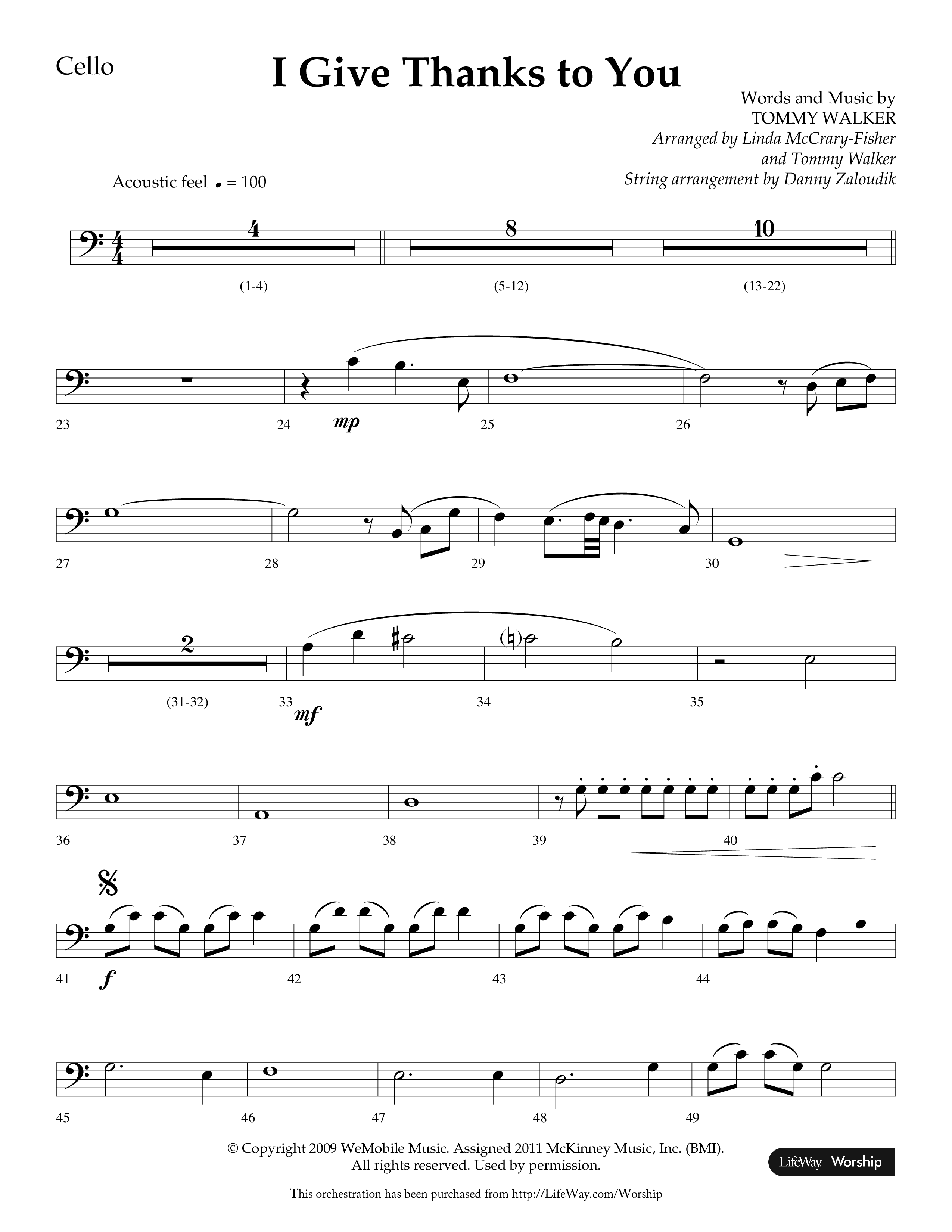 I Give Thanks To You (Choral Anthem SATB) Cello (Lifeway Choral / Arr. Linda McCrary-Fisher / Arr. Tommy Walker / Arr. Danny Zaloudik)